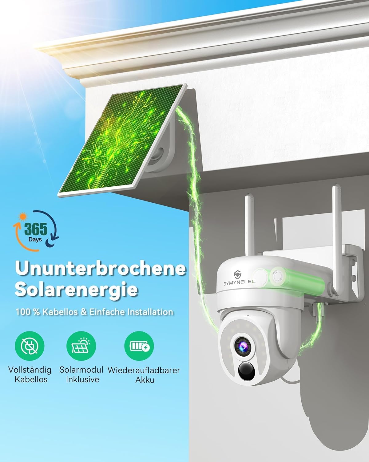 SYMYNELEC 2K Überwachungskamera Aussen Akku Solar 5GHz/2,4GHz WLAN | Kamera Überwachung Aussen Kabellos, 360° PTZ, KI-Bewegungserkennung, Farbnachtsicht, Zwei-Wege-Audio, Alexa, IP65, 2 Stück