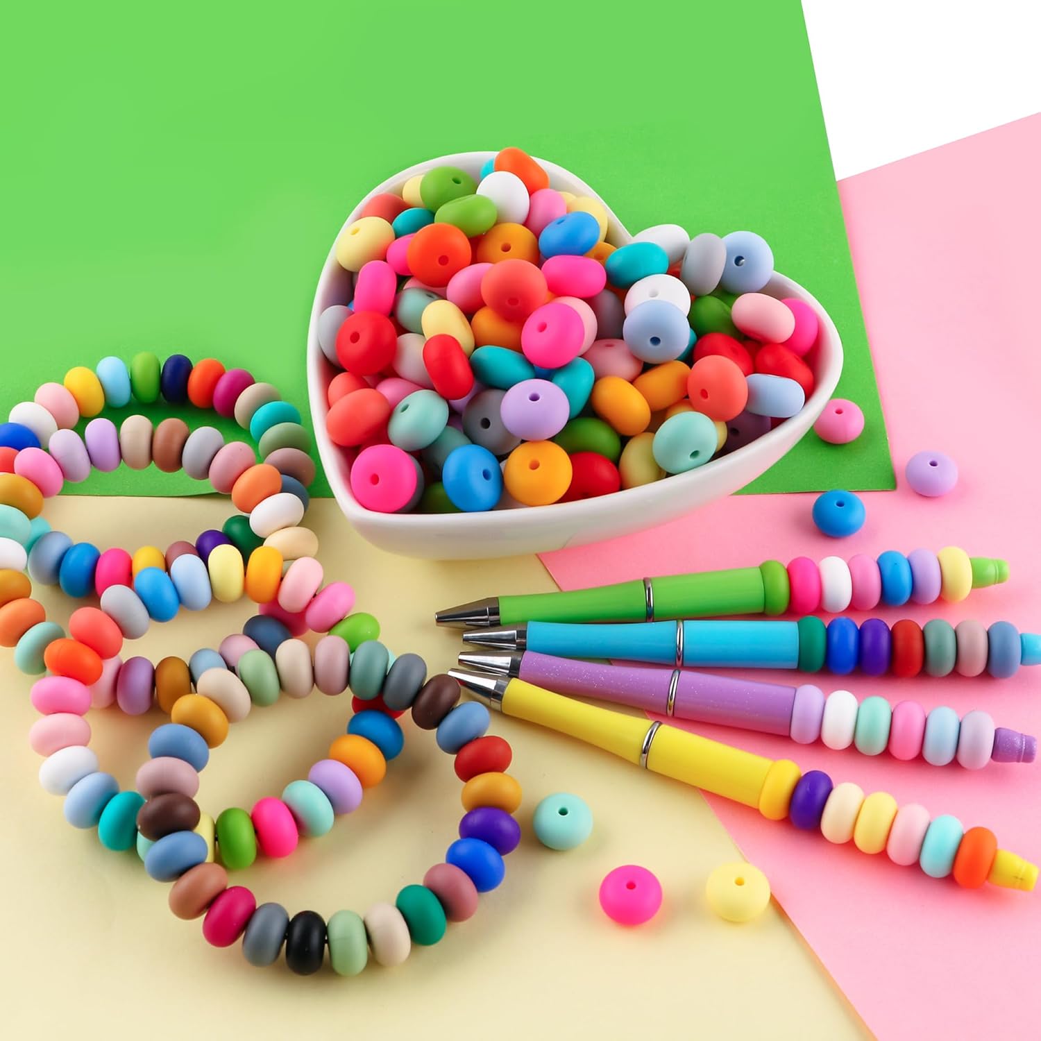 Sunrony 272Pcs Mixed Bright Color 14mm Abacus Silicone Beads for Keychain Making, Multicolor Lentil Silicone Beads for Pens and Necklace Bracelet Crafts Making (Multicolor Bright) - Image 4