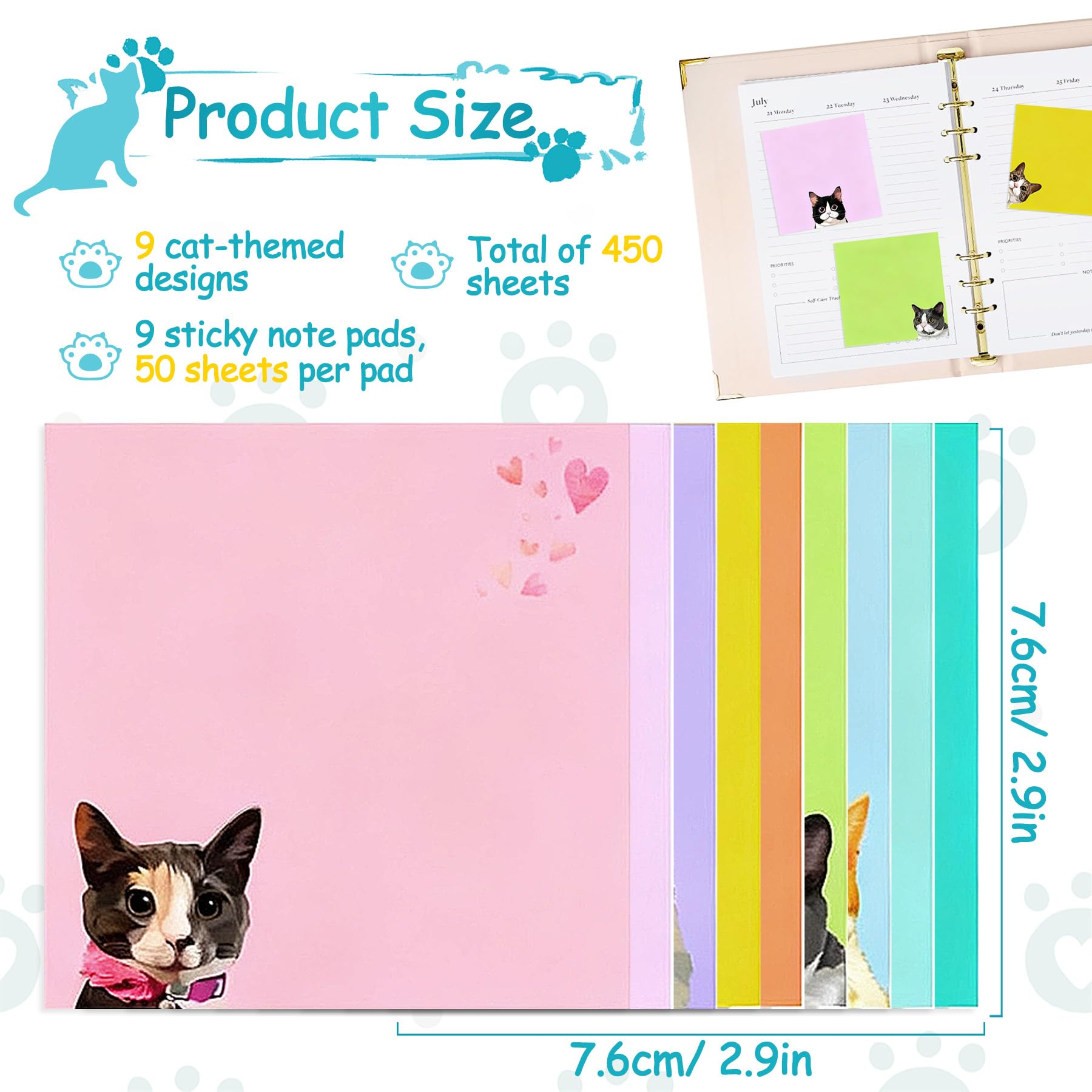 YeahBoom 450 Sheets Sticky Notes for Small Cats Kawaii Notes, Colourful Animal Sticky Notes, Cute Super Sticky Notes, for Office Pages, Study 76 x 76 mm - Image 2