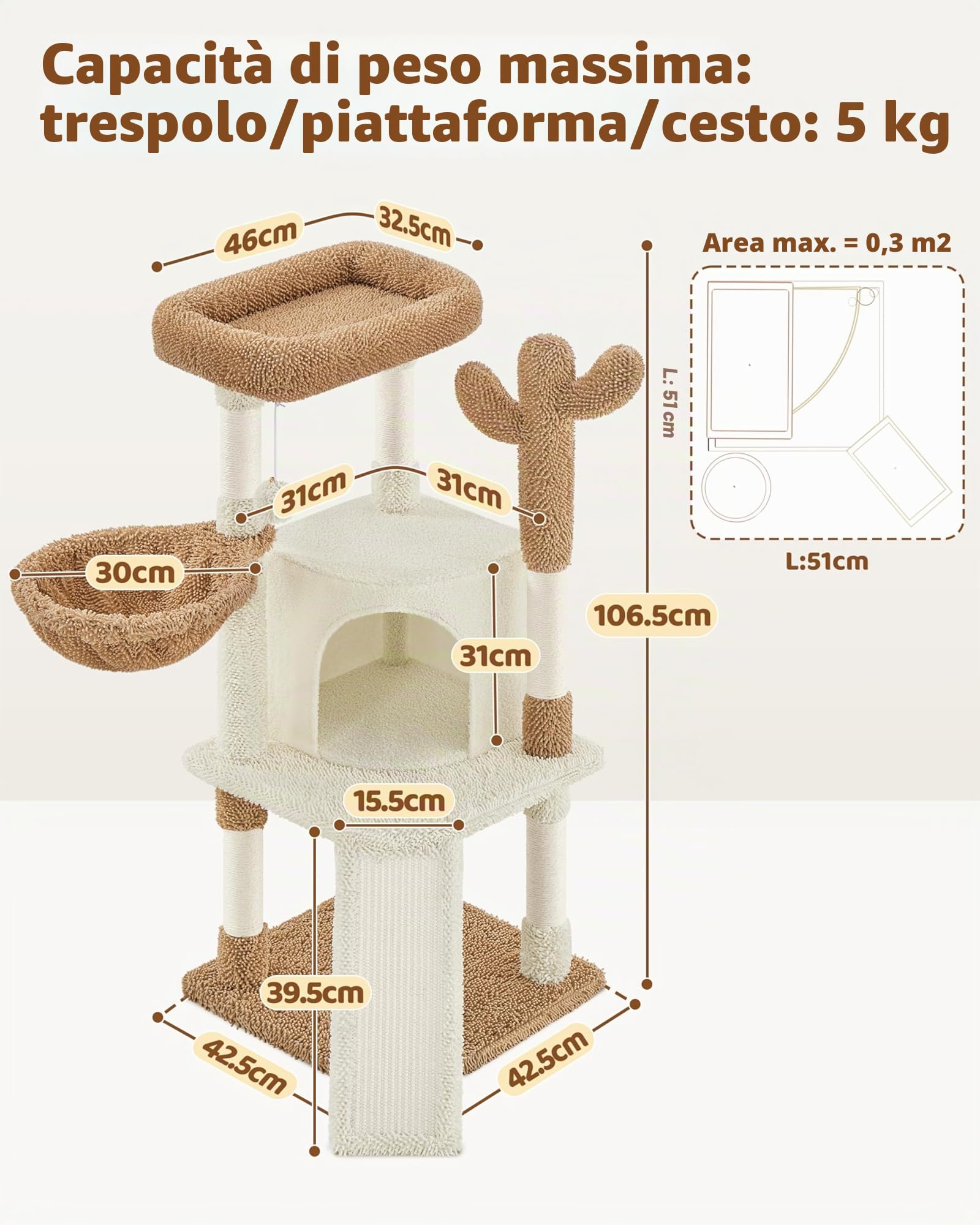 Yaheetech Albero Tiragraffi per Gatti a Forma di Cactus in Truciolato e Corda di Sisal 42,5 cm × 42,5 cm × 106,5 cm Beige/Marrone