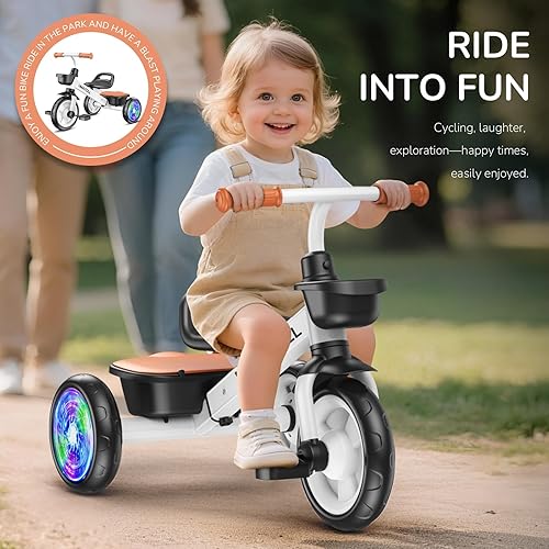 Miniatura 5 de Umatoll Triciclo para niños pequeños de 2 a 5 años, bicicleta ajustable para niños y niñas de 2 a 4 años, triciclo con ruedas iluminadas