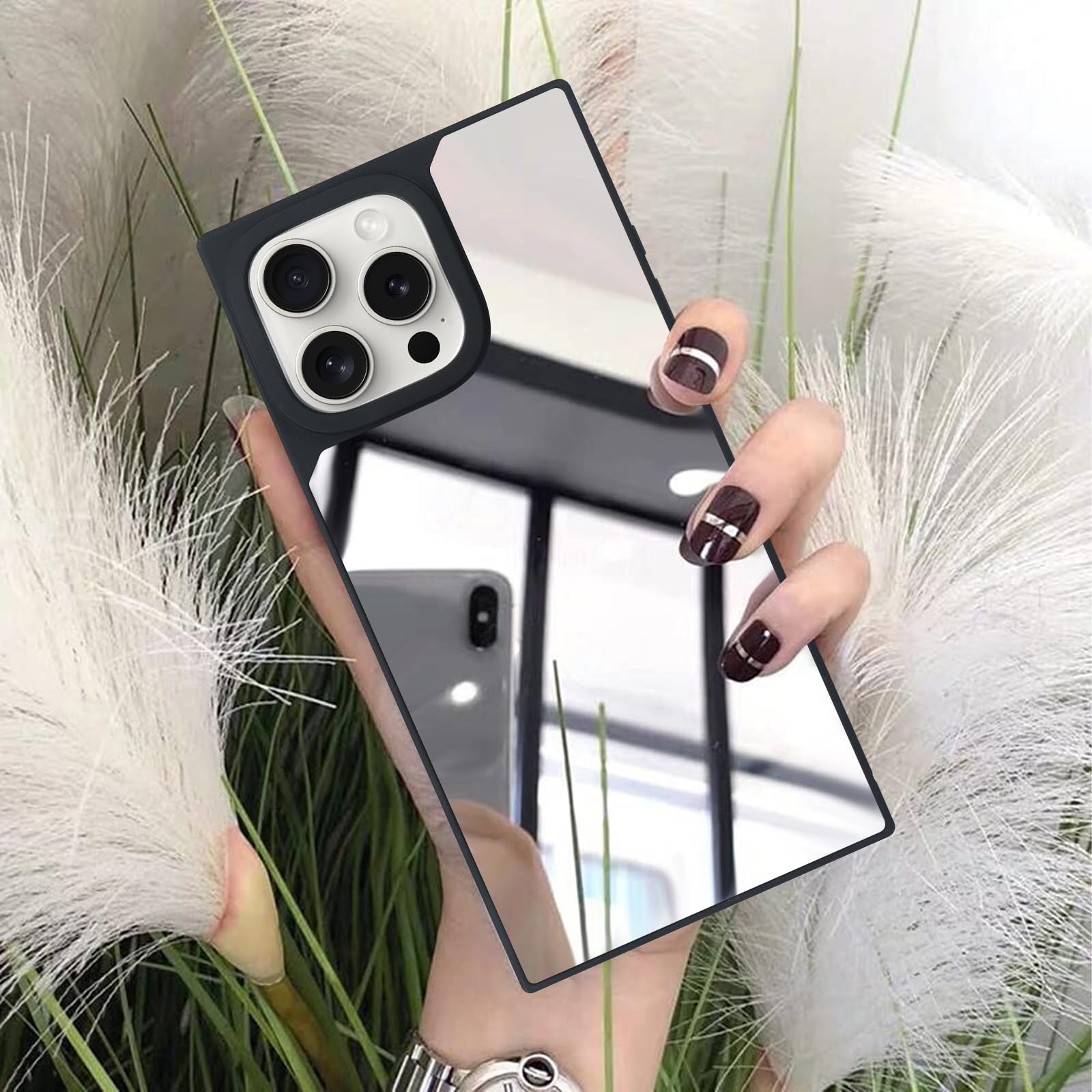LUVI Compatible with iPhone 14 Pro Max Mirror Rectangle Case for Women Makeup Cute Luxury Glossy Glass Mirror Back Design with Silicone Bumper Slim Thin Case Fashion Protective Shockproof Cover Silver