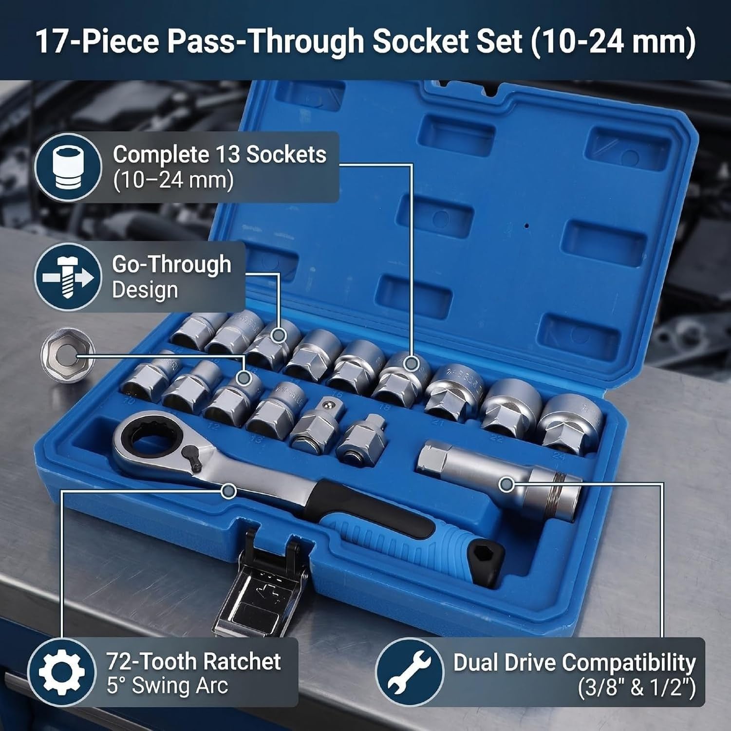 Setchia 17 Pezzi con Presa Passante, Attacco 3/8 e 1/2, 10-24mm per Lavori Auto