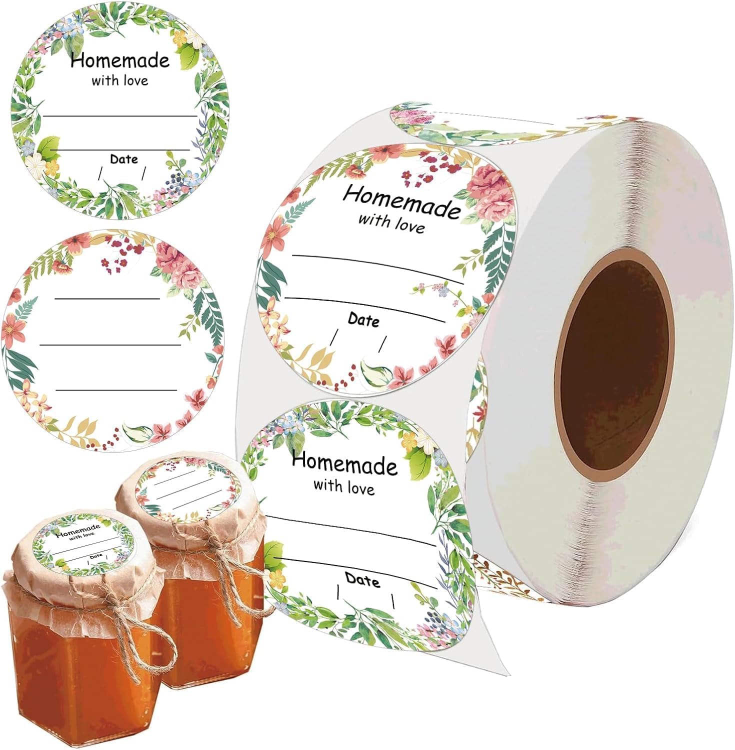 500 Pcs Watercolor Flower Canning Stickers 2 inch Handmade Write On Date Labels for Mason Jars Flower Design Canning Labels of Homemade Canning Kitchen Organizing Food Storage