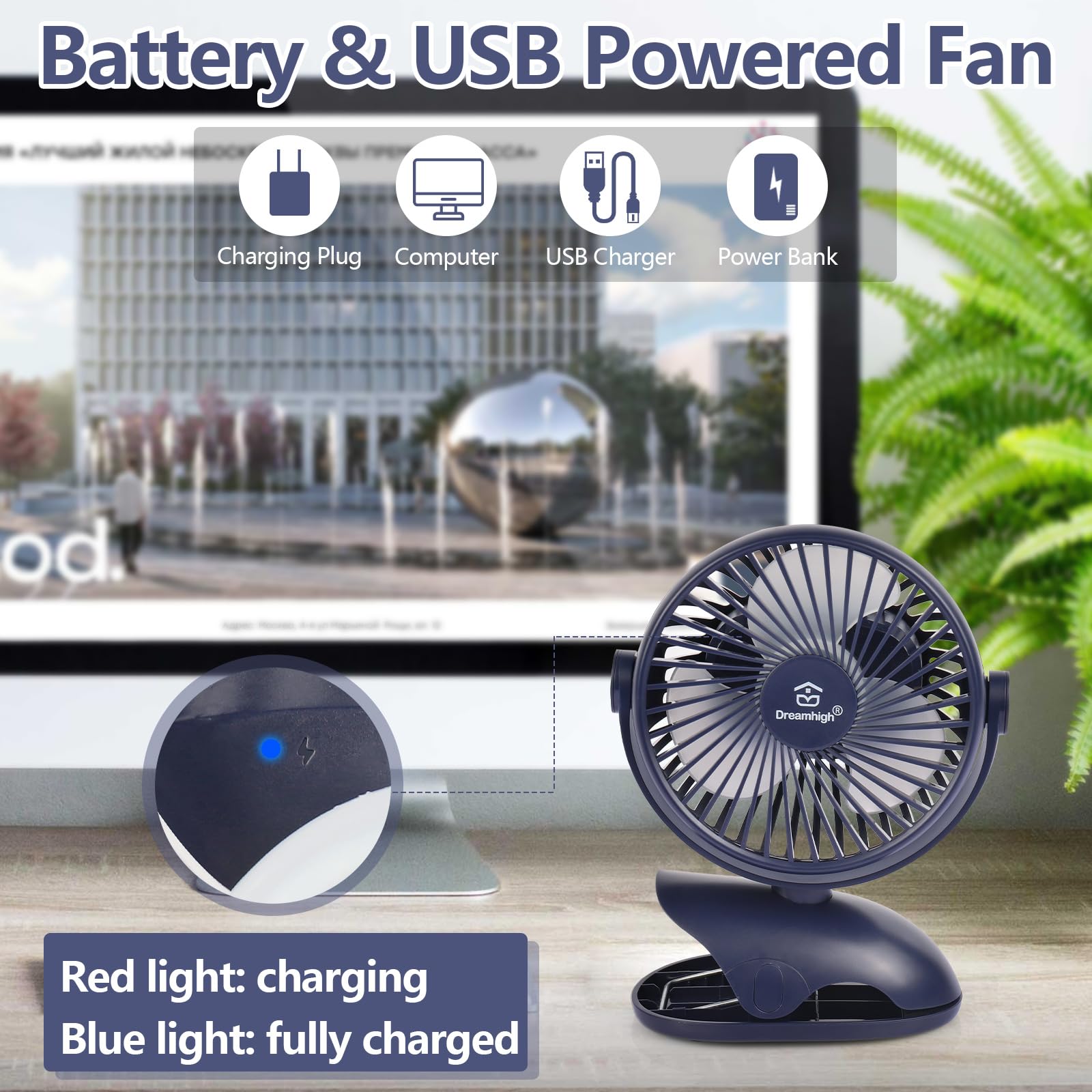 Dreamhigh® 10000 mAh wentylator USB, cichy, automatycznie obracany, przenośny, do ponownego ładowania, 4 stopnie prędkości, mini wentylator do domu, biura, wózka dziecięcego, na kemping