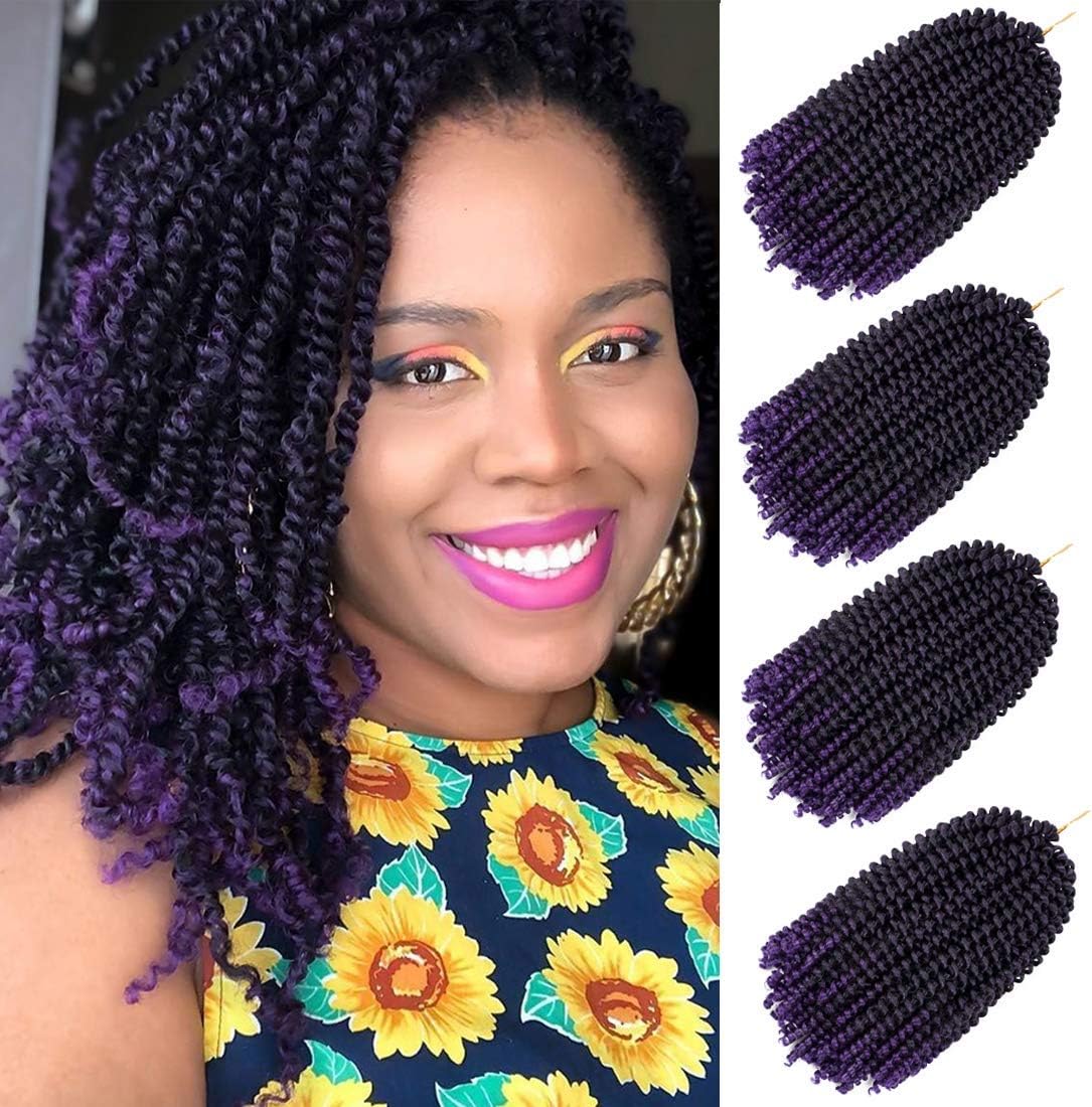 4 Packs Spring Twist Hair 8Inches Spring Twists Crochet Braiding Hair Ombre Colors Synthetic Hair Extensions 30 Strands/Pack, 110g/Pack(T1B/purple,8Inch)