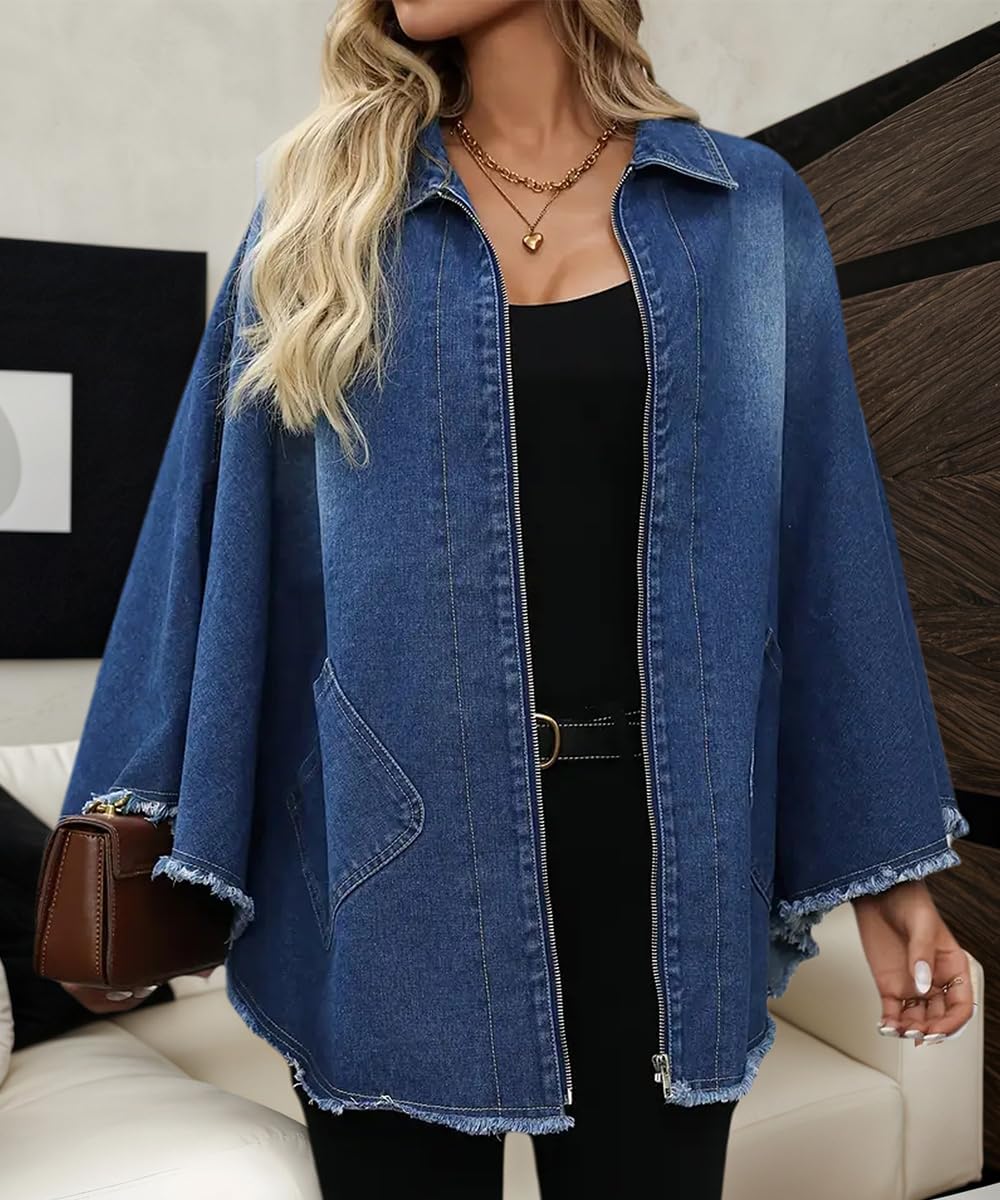 Women's Denim Jacket Jean Lightweight Trendy Soft Oversized Distressed Fringe Hem Poncho Jacket