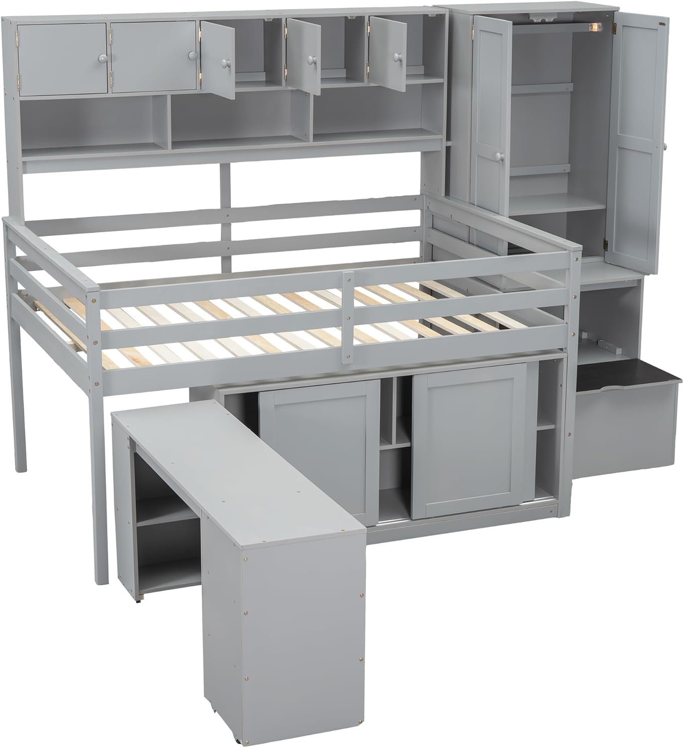 Harper & Bright Designs Full Size Loft Bed with Wardrobe, Wooden Full Loft Bed Frame Big Storage with Under-Bed Desk, Drawers and Shelves, Gray