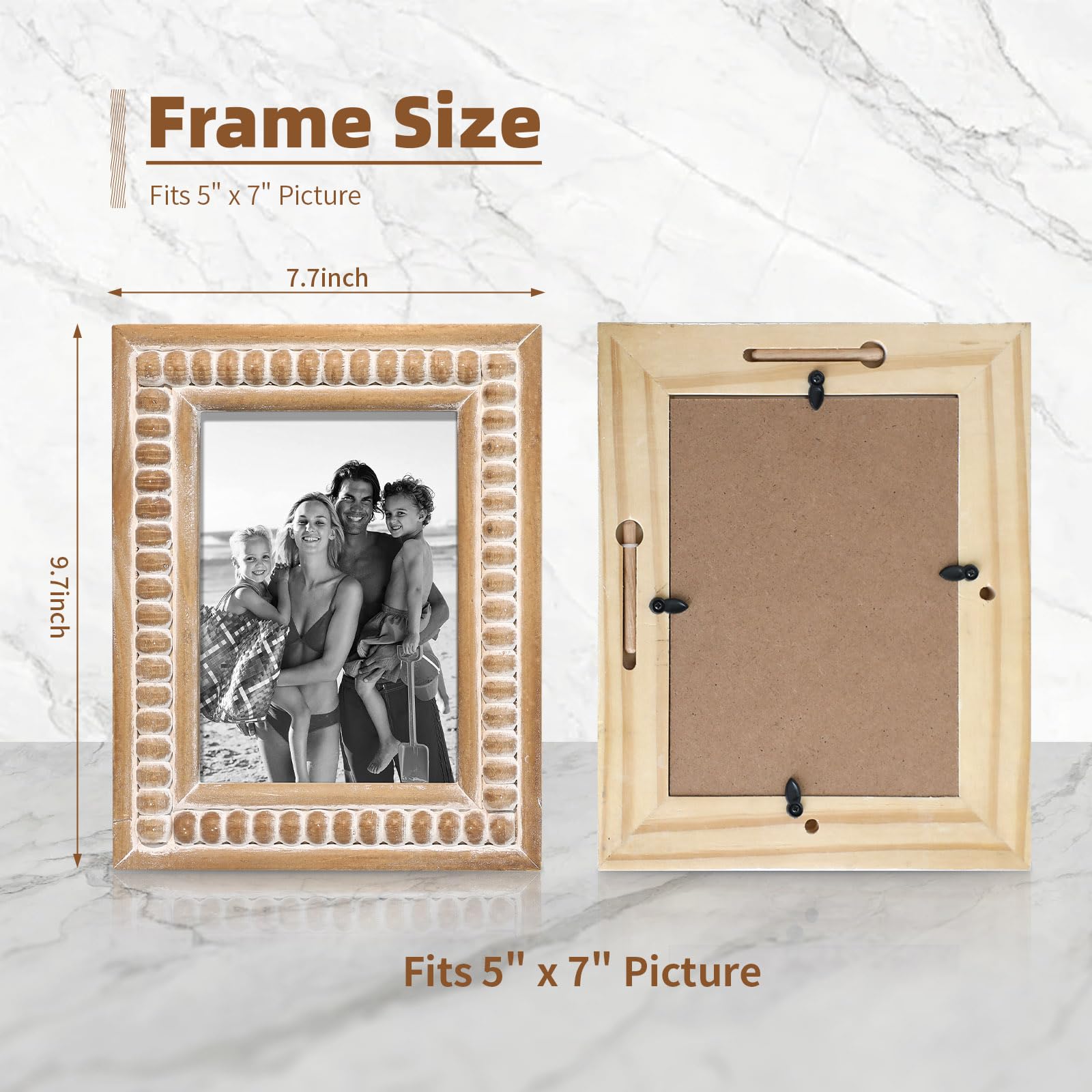Marco de fotos rectangular grande de madera natural con cuentas decorativas, perfecto para fotos individuales de 5 x 7 pulgadas, idea de regalo de granja para familiares y amigos