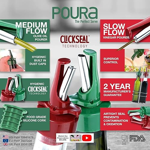 Miniatura 2 de Poura Juego de rociadores de botellas de vinagre y aceite de oliva con boquillas únicas de vertido ClickSeal  Botellas dispensadoras de aceite y