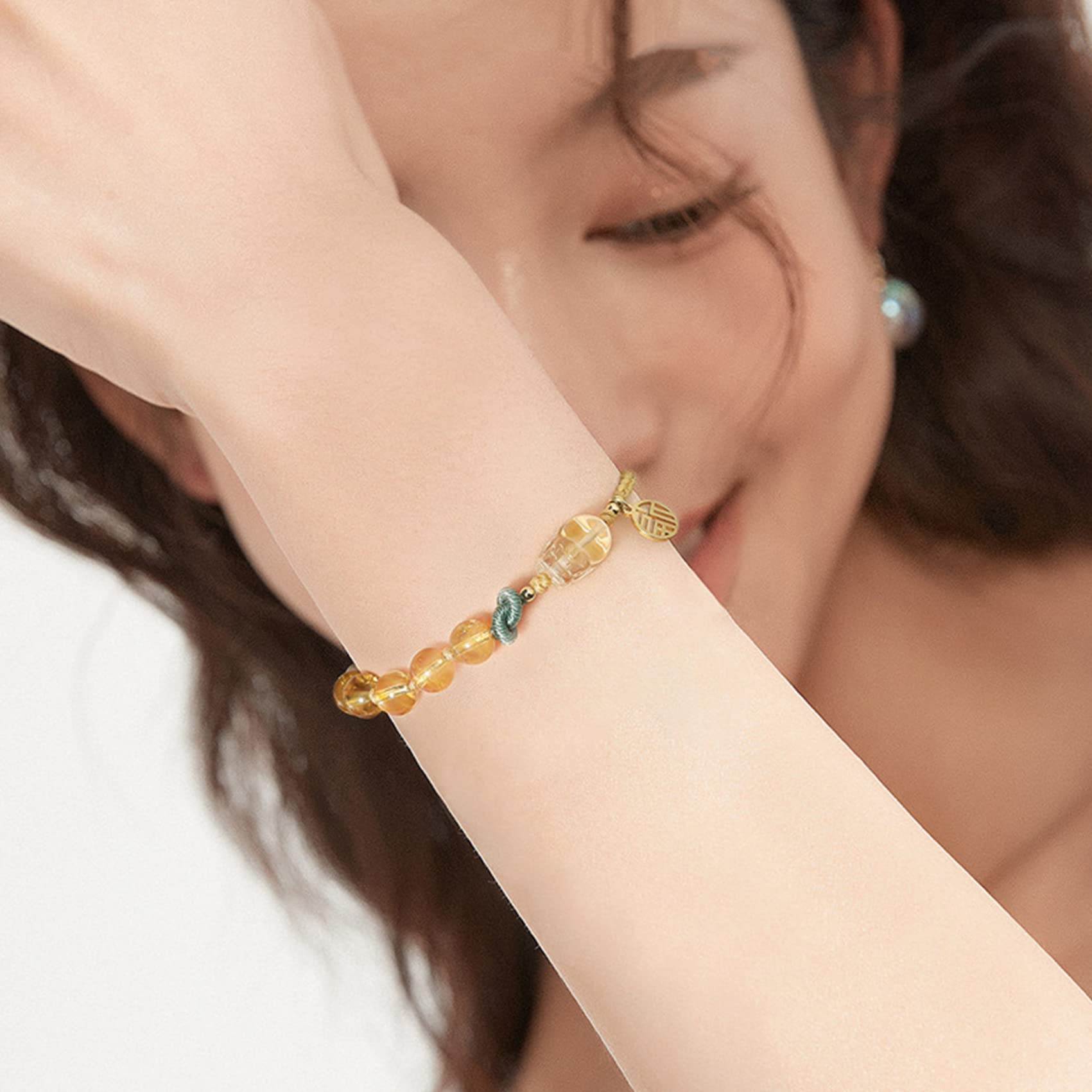 Braccialetto Braccialetto di cristallo naturale 8MM citrino intagliato Feng Shui Pi Xiu portafortuna ciondolo Fu perla d'acqua dolce quarzo rutilato corda intrecciata fatta a mano amuleto regolabile f
