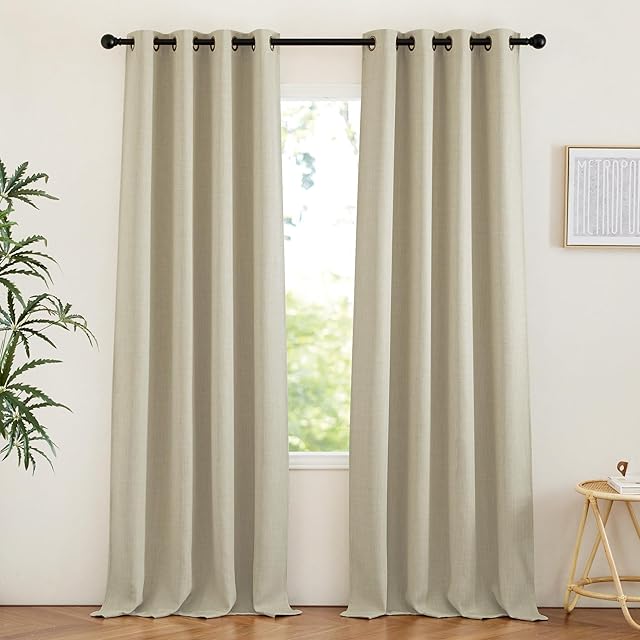 PONY DANCE Linen Curtains for Bedroom - Blackout Curtains with Eyelet Thermal Insulated Window Treatment Panels for Living Room, Light Beige Small Caravan Curtain, 46 x 54 Drop, 2 Panels