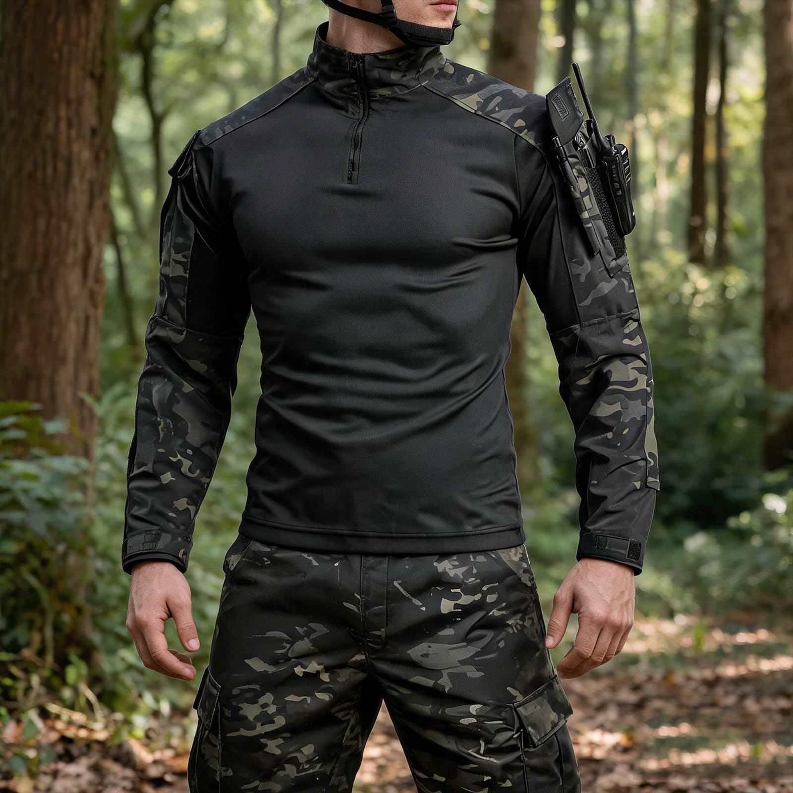 Męski taktyczny mundur moro – zestaw, strój do polowania i gry w paintball | Przedni zamek błyskawiczny 1/4, Regulowany stójkowy kołnierz, Materiał ripstop, Lekki i oddychający komfort