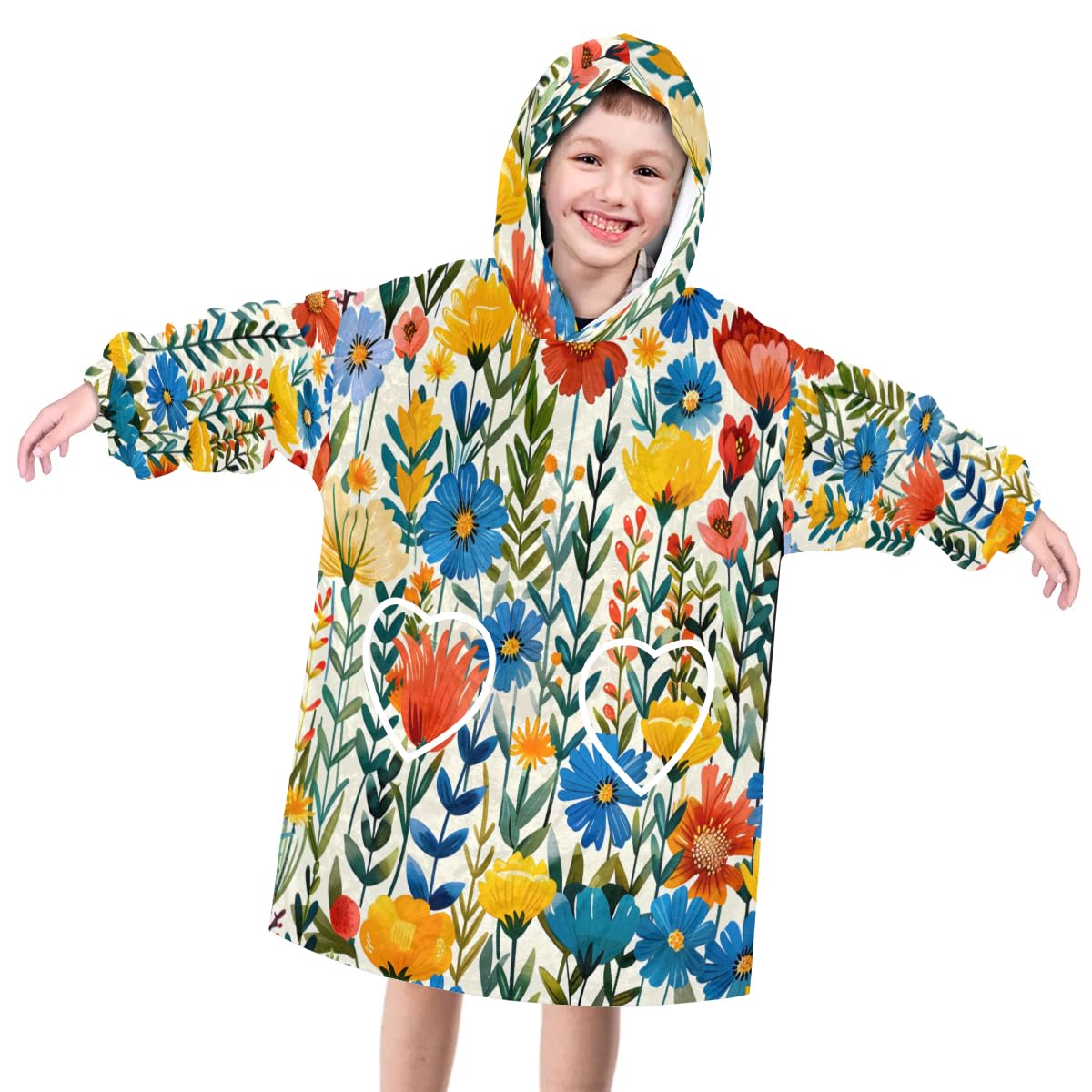 Pardick Wearable Blanket Hoodie for Kids, Modern Flower Fleece Sweatshirt Blanket Oversized Blanket Sweatshirt with Pocket Flannel Warm Hooded Blanket 6-10 Year Old Girl Boy Gift, One Size