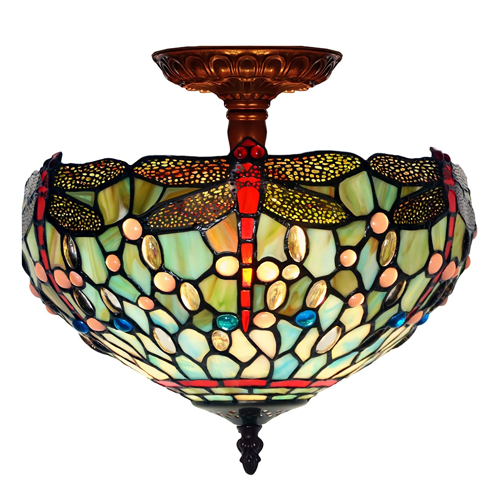 Plafonnier Tiffany vitrail esprit maison de famille lustre victorien métal antique