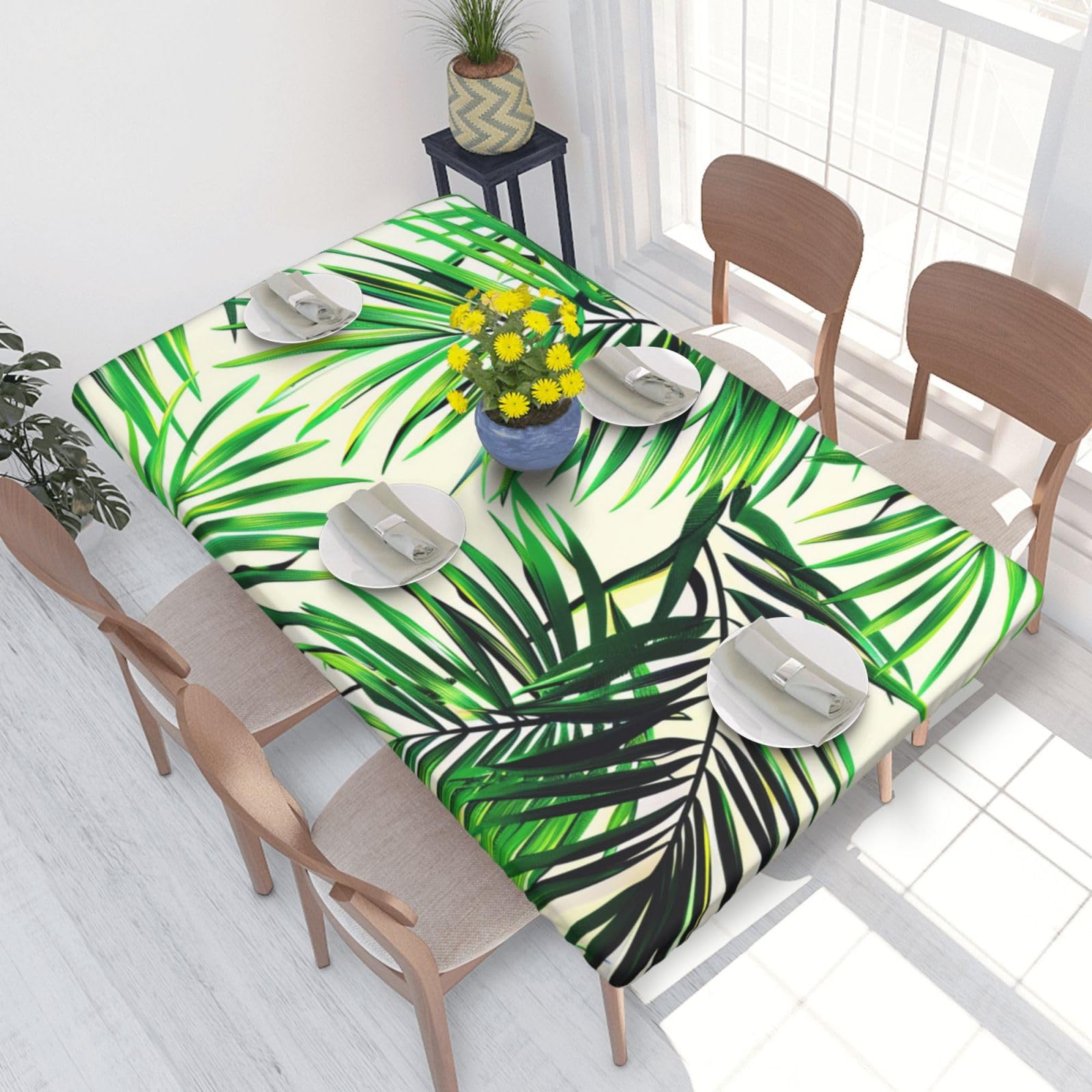 WPKJU Palm Tree Green Leaves Printed Tablecloths 4ft Rectangular Table Covers Washable Polyester Decorative Table Cloth for Dining Table Picnic Wedding