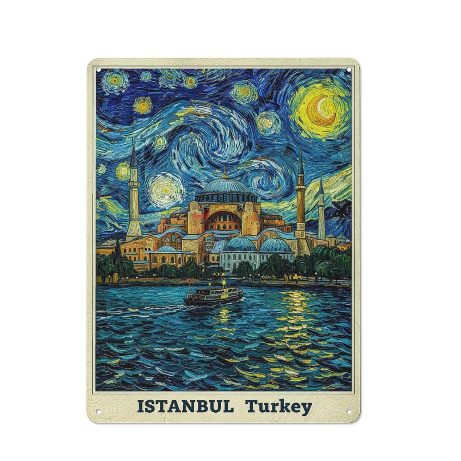 Junmoney Style-3 Modern Retro Decorative Metal Plaque 40X30cm Featuring Hagia Sophia Istanbul Starry Night, Loft Wall Plaque For Flat, Bar, Studio Or Gallery Wall