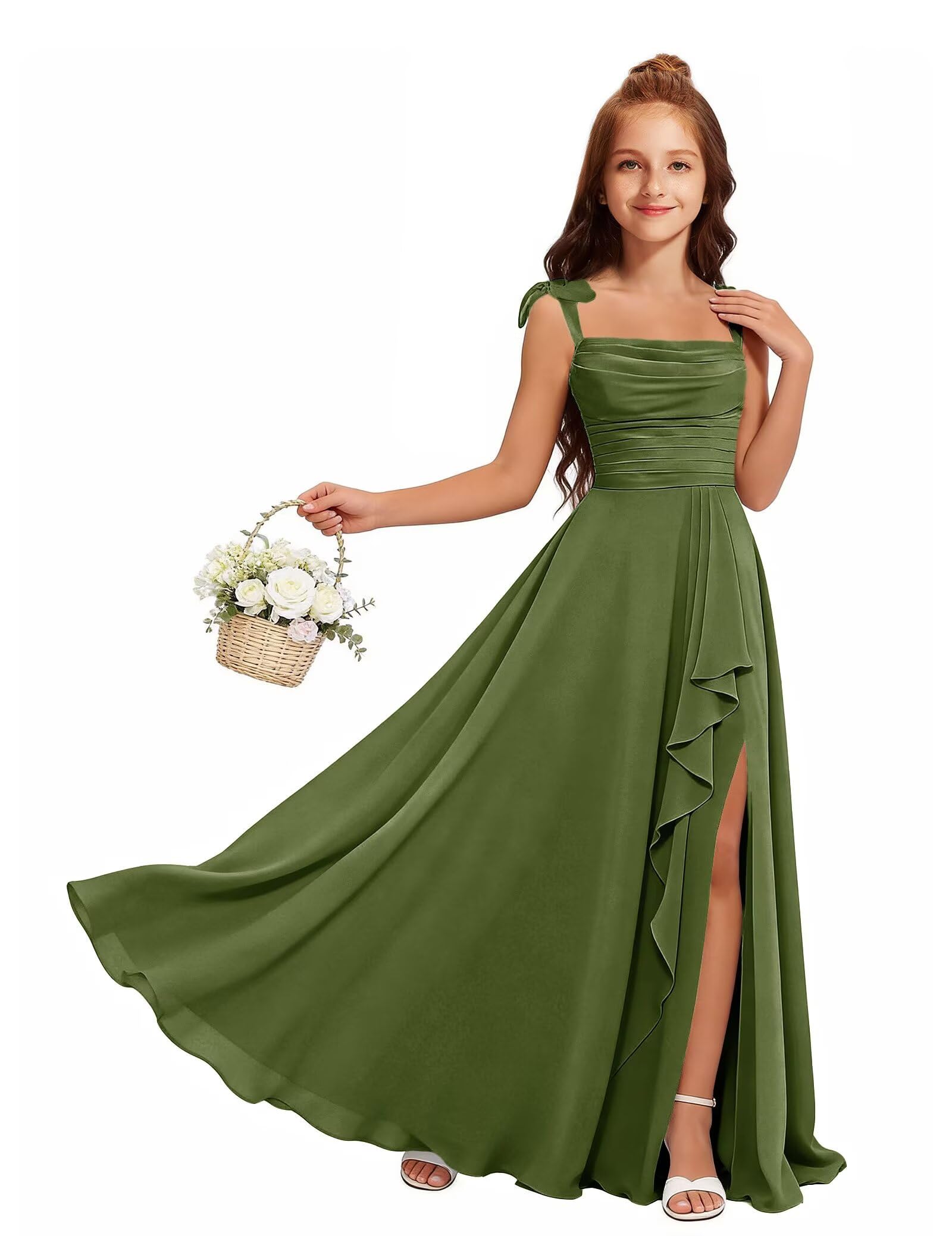 MRHUSH Junior Bridesmaid Dresses for Teen Girls Chiffon Flower Girl Dress Ruffles Wedding Guest Spaghetti Straps Party Gown