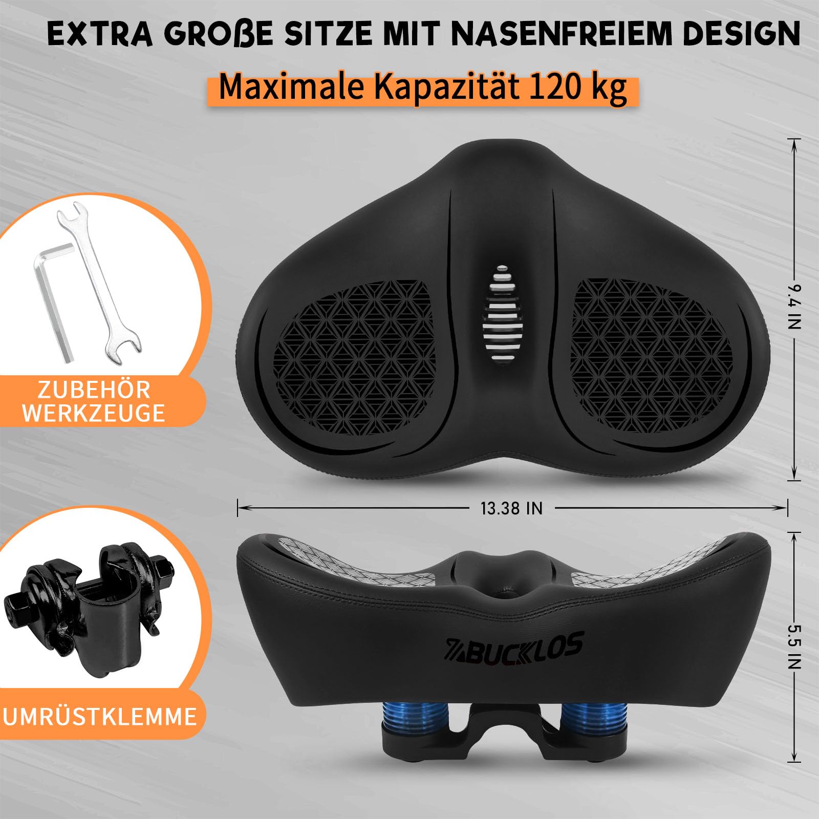 Übergroßer Fahrradsattel Herren Damen，Bequemer breiter mit weicher Schaumstoffpolsterung, ergonomischer noseless Fahrrad Sattel für Mountainbike, Citybike, Rennrad und Heimtrainer