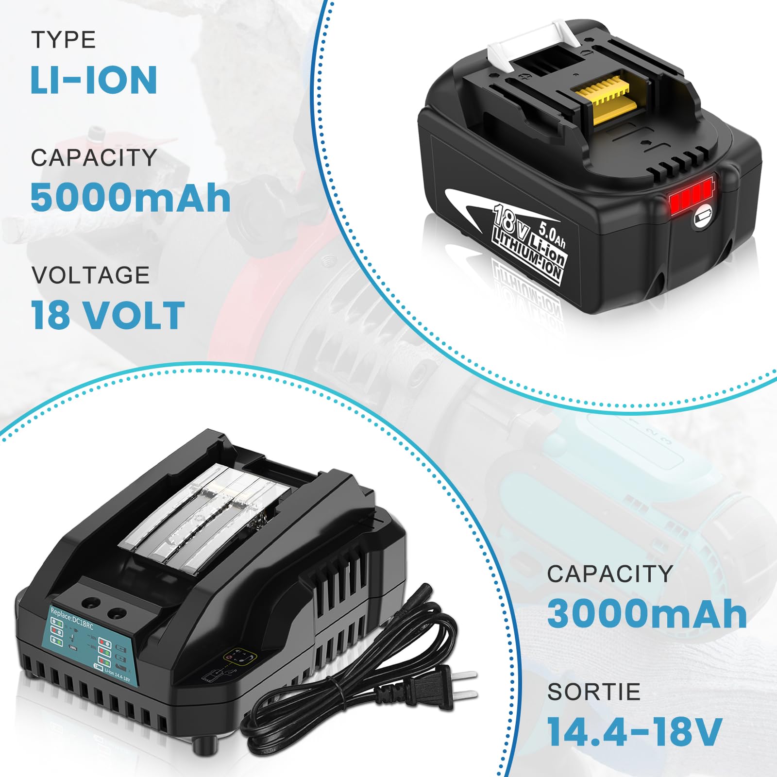 GatoPower 2 Piece BL1850 18V Replacement Battery pour Makita 18V Battery avec DC18RC 3A Charger BL1850B BL1845 BL1845 BL1840B BL1835 BL1830 194204-5 LXT 400 pour Makita Battery