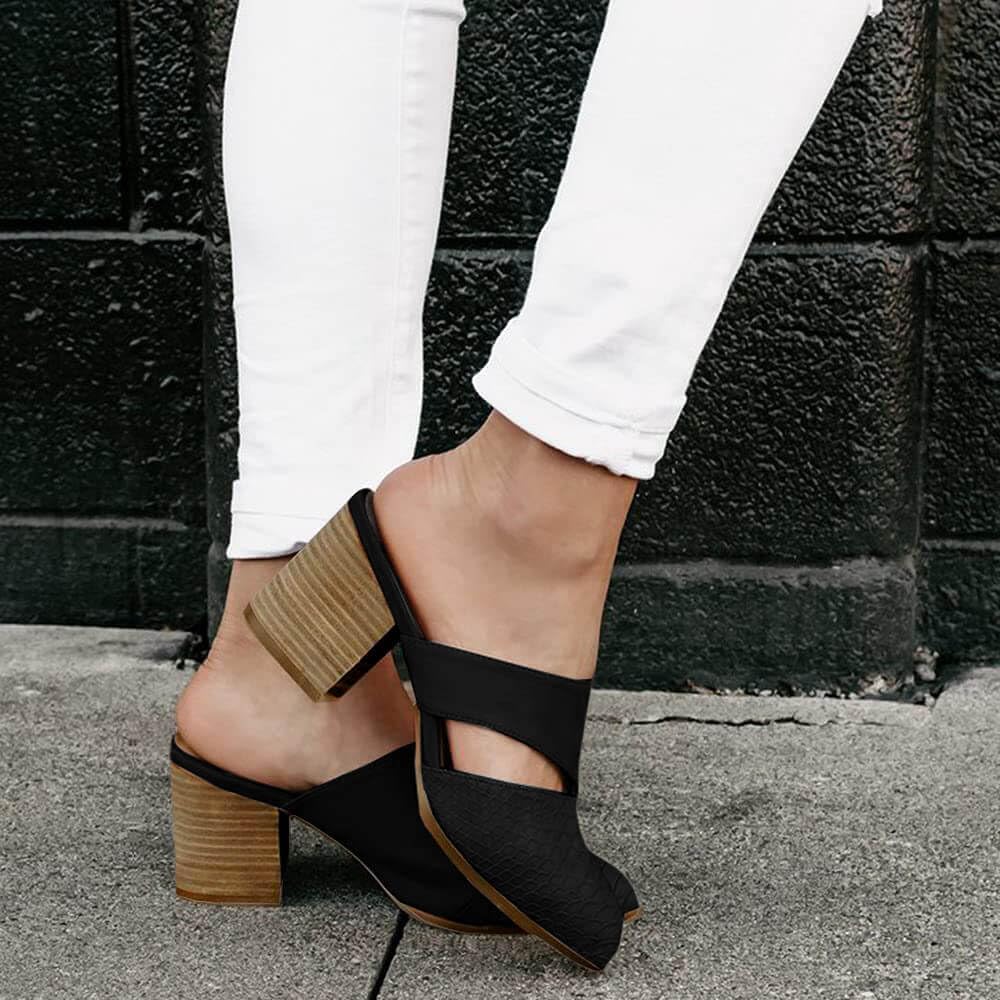 Syktkmx Women's Cutout Backless Mules Slip On Closed Toe Chunky Stacked Heeled Sandals - Image 7