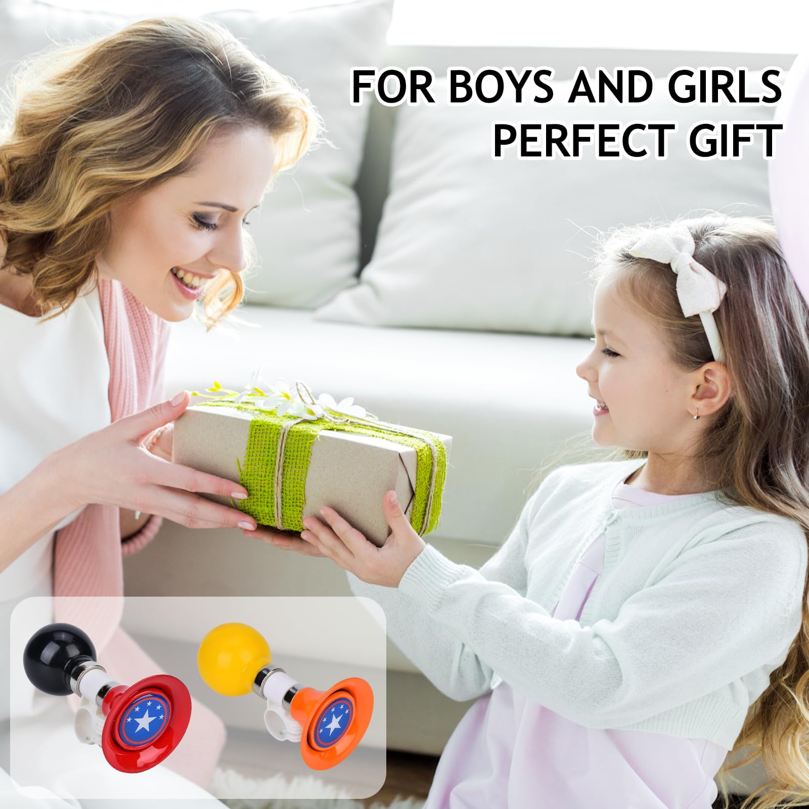 Clacson Per Bicicletta Bambini - Trombetta Metallica Con Palla Gomma, Morsetto Regolabile, Colorato (Rosso/Blu/Arancio) - Foto 2