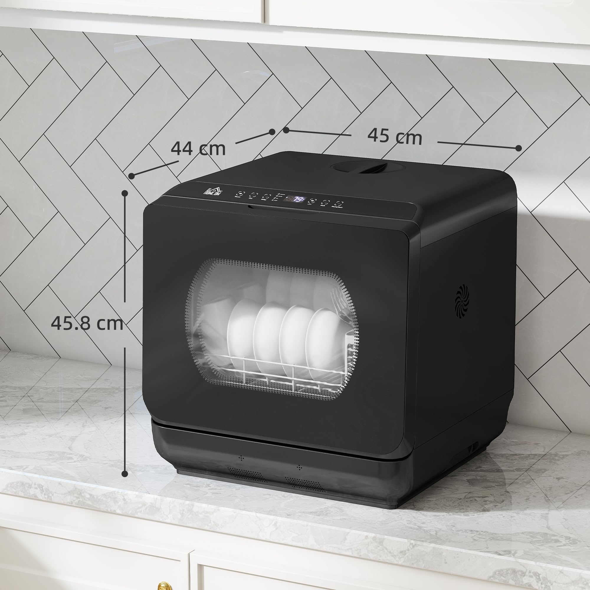 HOMCOM Table Top Dishwasher, Mini Countertop Dishwasher No Plumbing with Built-in 6L Water Tank, 6 Programs, Touch Control, LED Display, 4 Place Settings, Dual Water Supply and Fruit Wash, Black — view 7