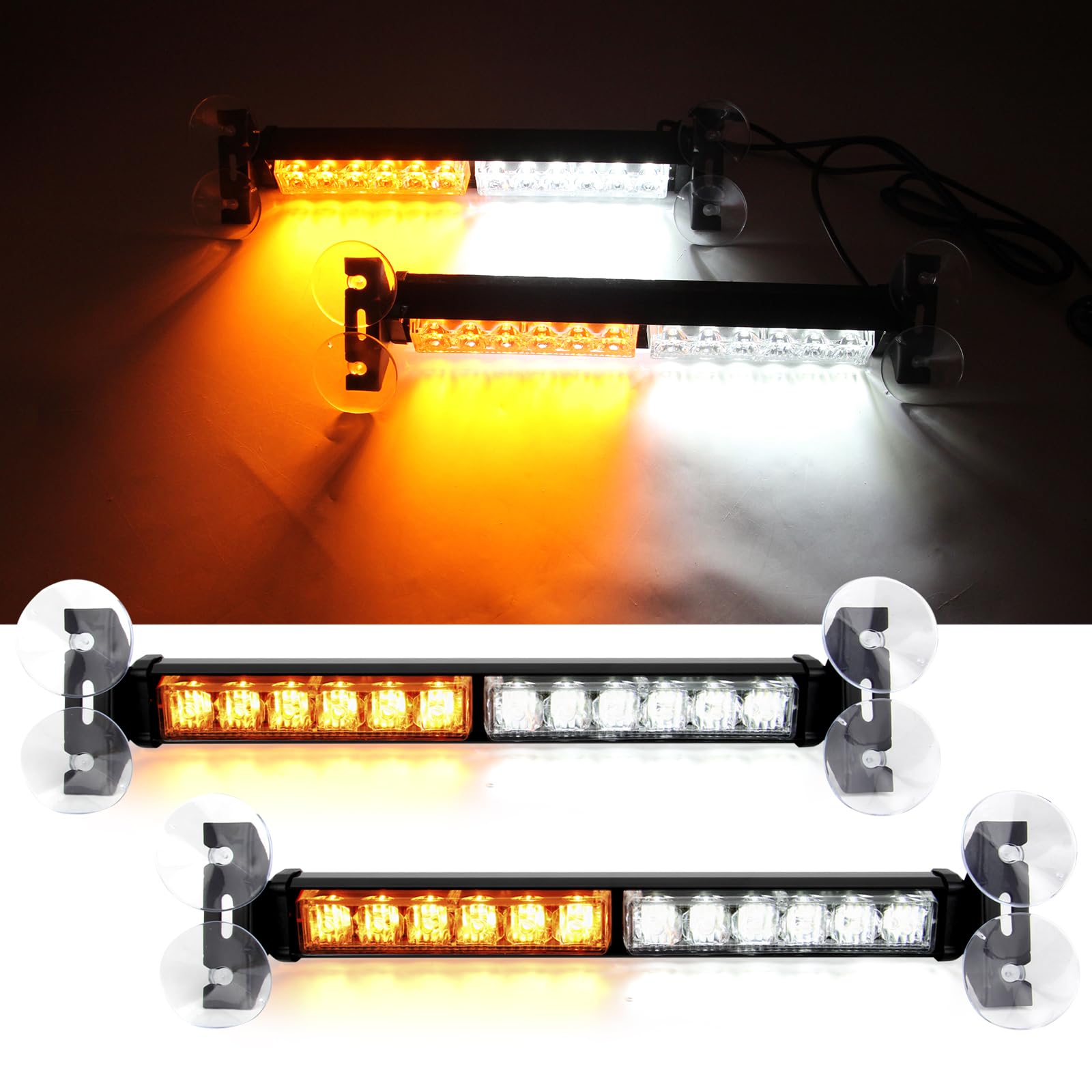 I LITTON Amber & White LED Strobe Light 2-In-1 Car Windshield Dash Emergency Light, 23 Flash Mode 24-LED Traffic Advisor, 12V-24V Beacon for Vehicles Van Truck