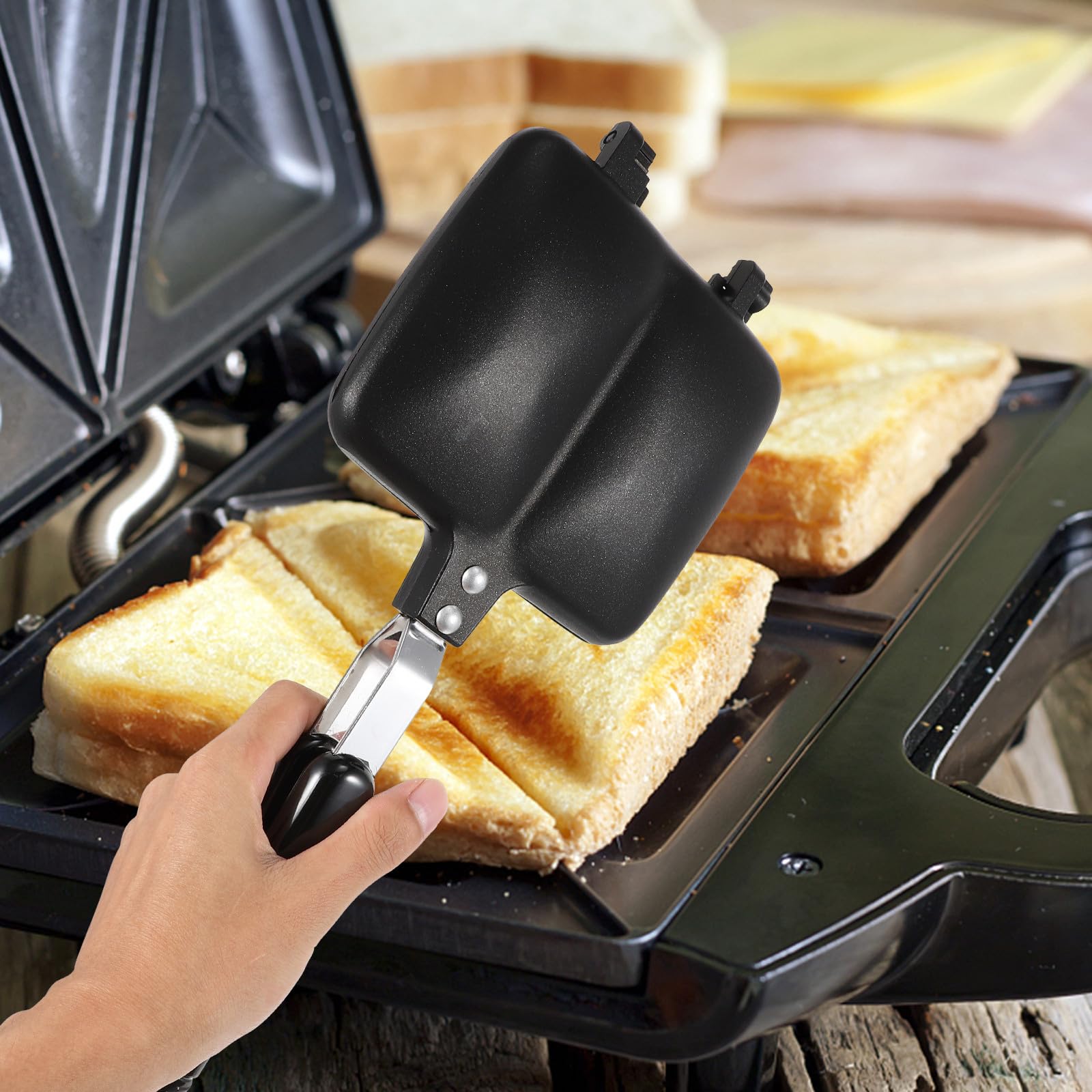 Kichvoe Sartén Sandwichera de Doble Cara Antiadherente y Fácil de Limpiar Molde para Sándwiches y Pan Tostado, Aluminio Negro para Hogar y Exteriores