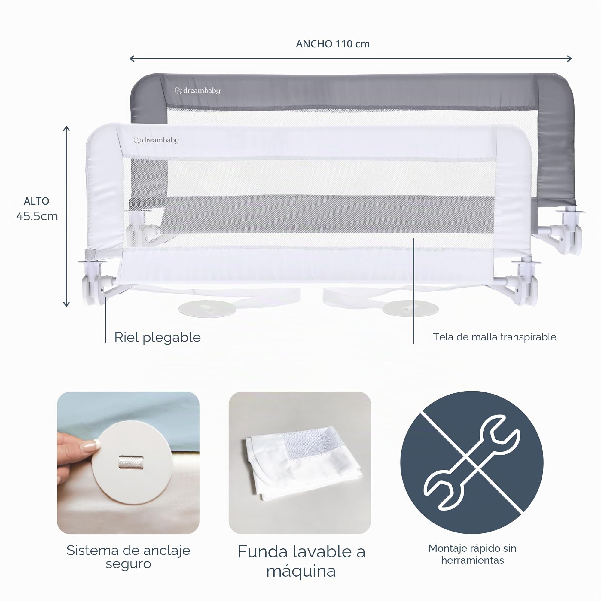 Dreambaby Phoenix F719 - Barrera de Seguridad Plegable y portátil para Cama Infantil, Adecuada para Bases de Cama Planas de hasta colchones de tamaño King, Mide 110 cm de Ancho x 45,5 cm de Alto,