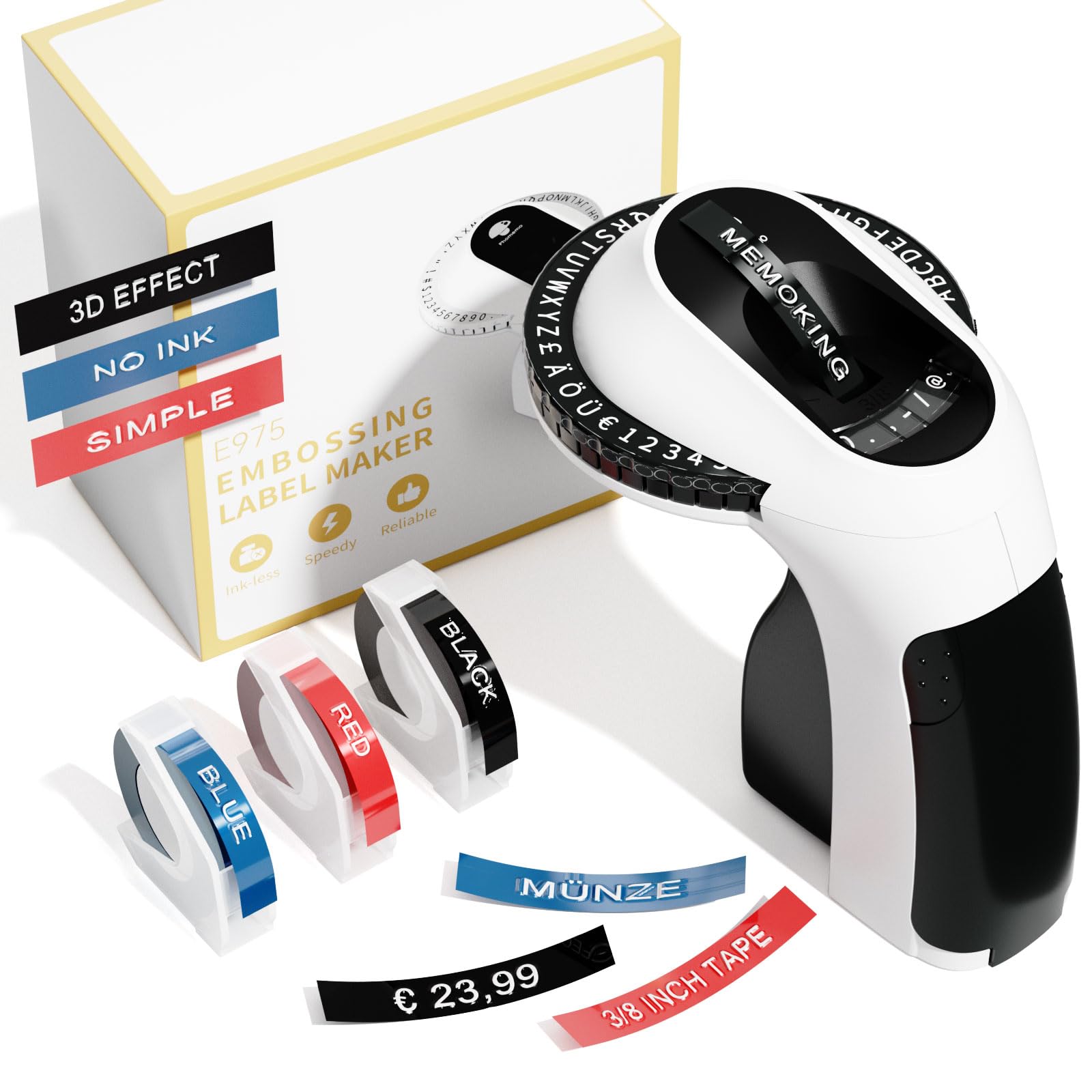 Memoking E975 3D Embossed Label Maker Machine Etichettatrice a Rilievo Adesiva con 3 nastri