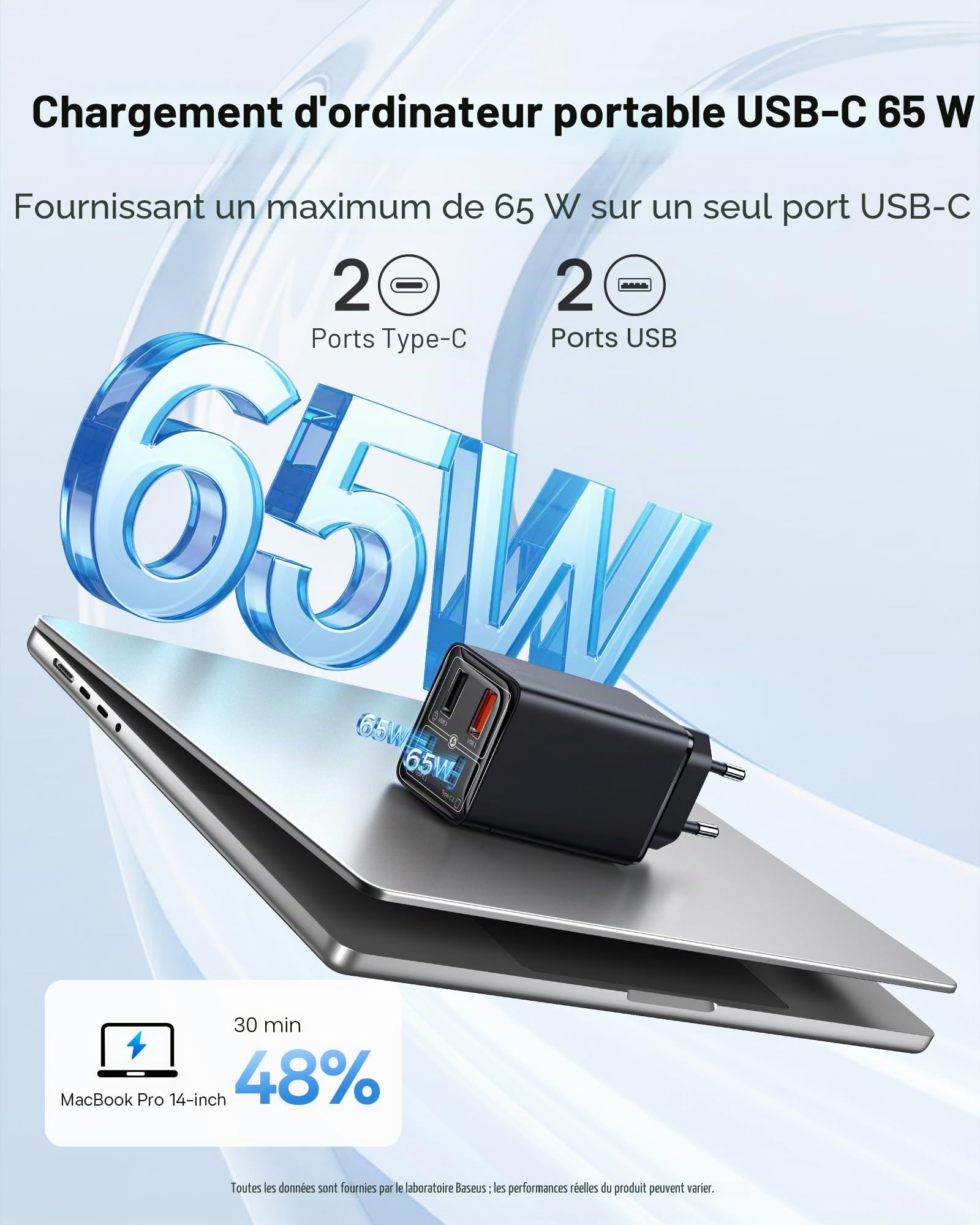 Baseus Chargeur USB C, 65 W GaN 6, Bloc d'alimentation Rapide, Multiple, pour MacBook Pro, iPad Pro, Steam Deck, Dell XPS 13, iPhone/Galaxy, Pixel, tablettes