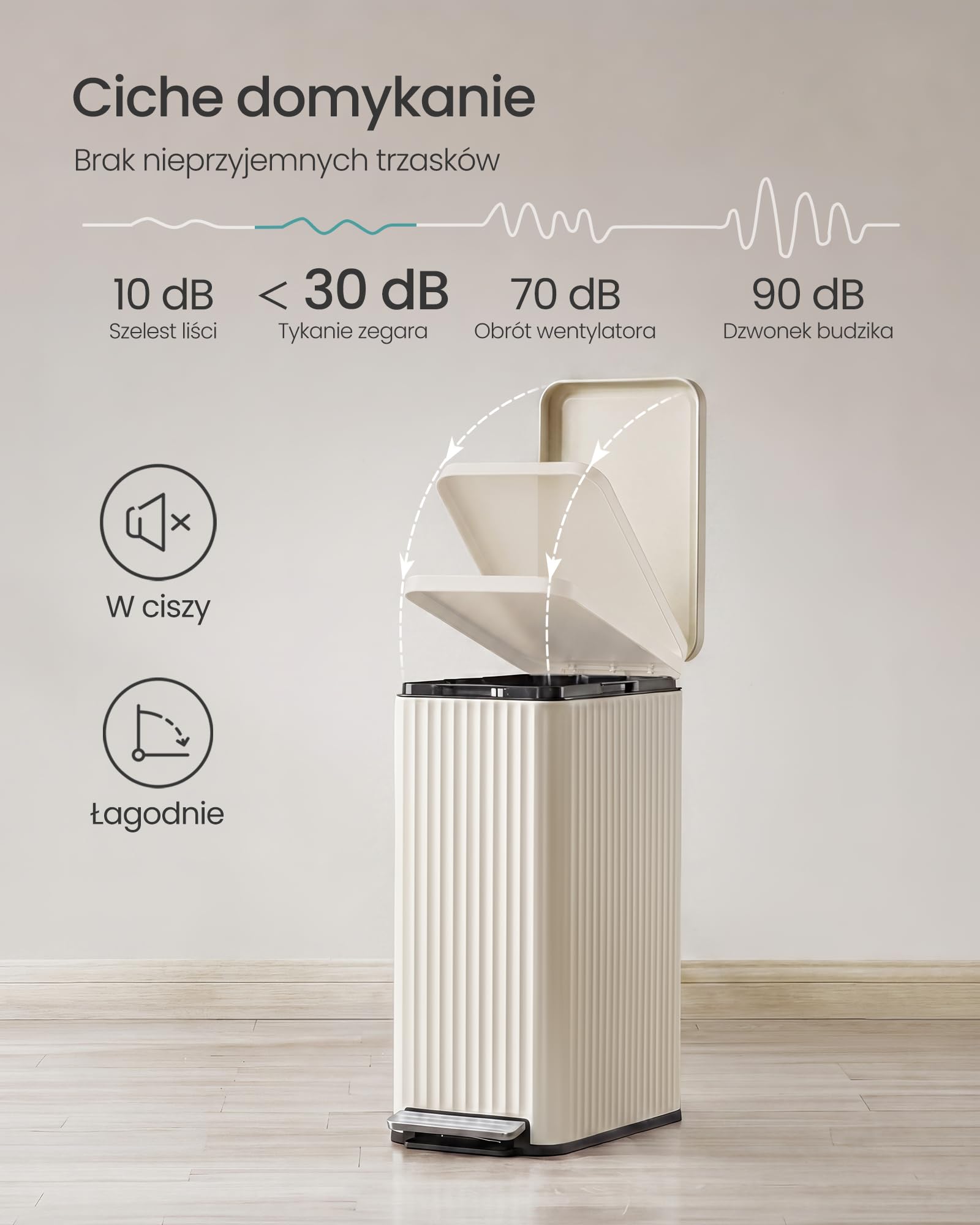 SONGMICS Kosz na śmieci do kuchni, 50 l, z pedałem i pokrywą, system cichego domykania, wyjmowany wkład, stalowy, w zestawie 15 worków na śmieci, kolor kremowo-biały (LTB350LZ02)