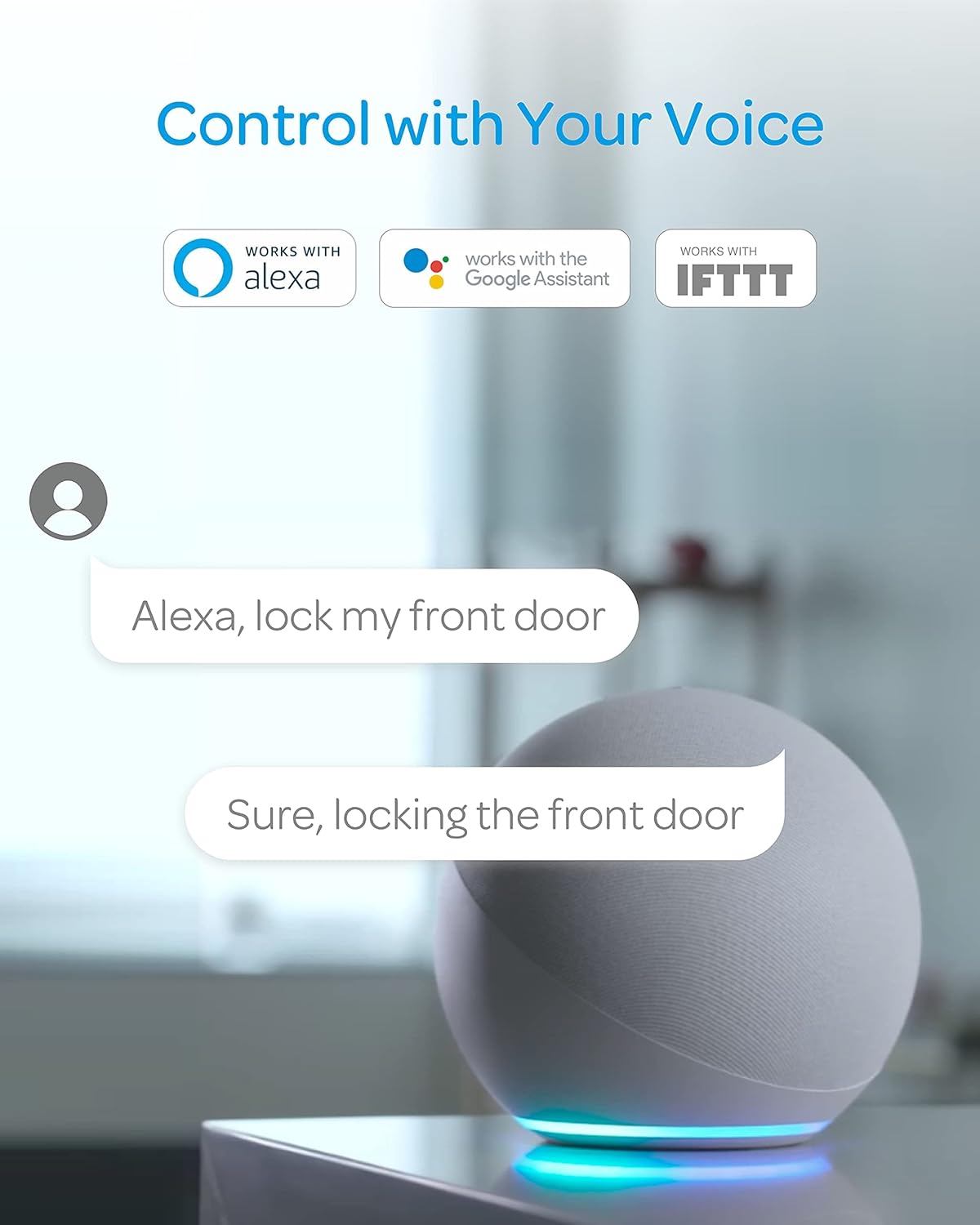 Amazon Echo device with text 'Alexa, lock my front door' and 'Sure, locking the front door'