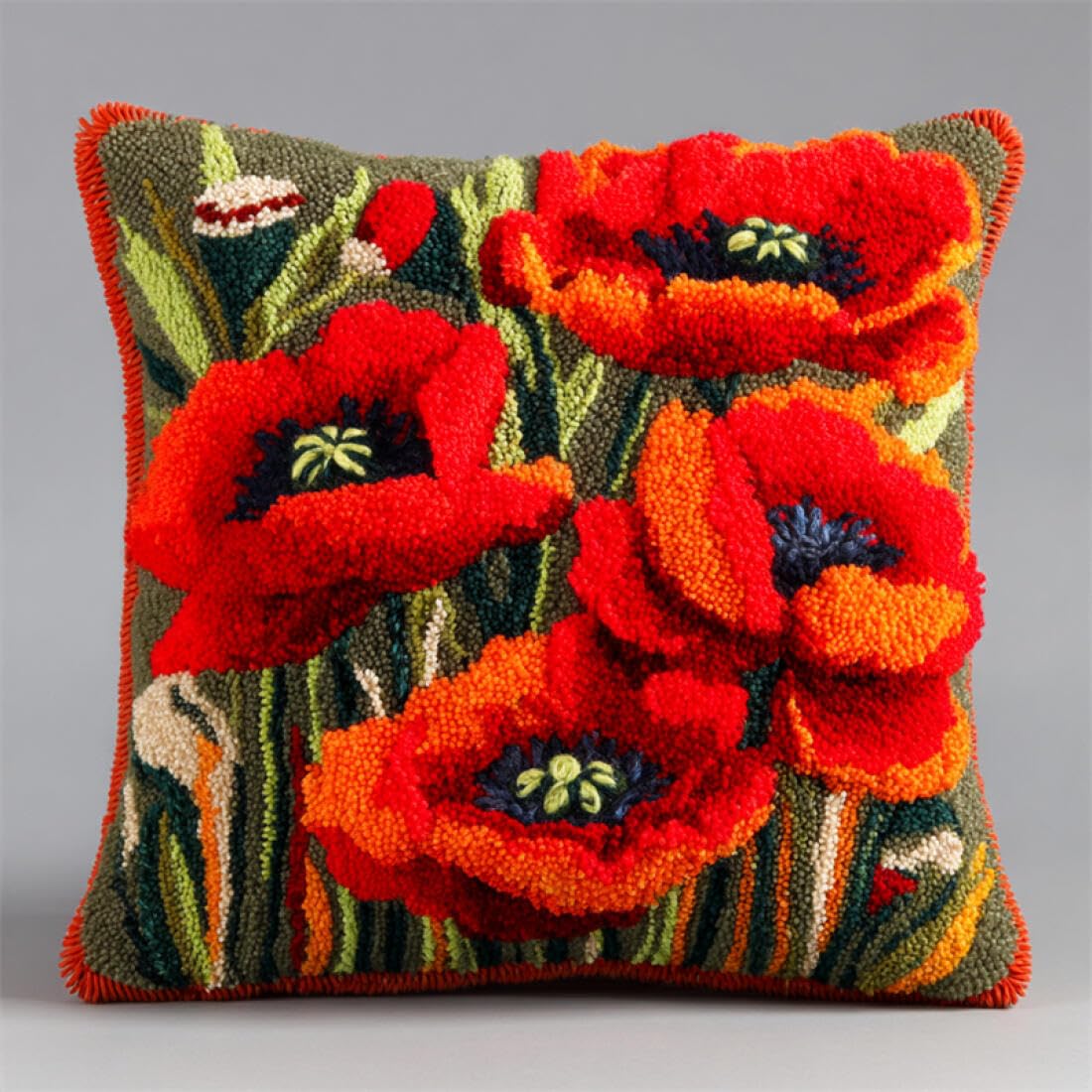 Kitquiver Latch Hook Kits for Adults Red Flowers DIY Latch Hook Kits Pattern Printed Throw Pillow Case Cushion Cover for Adults and Beginners 17x17In