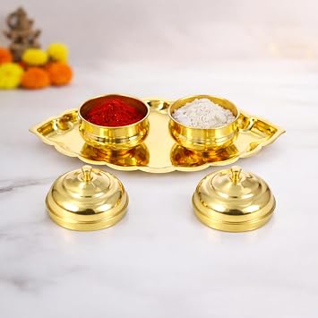 Spillbox Brass Oval-Shape Puja Thali with 2 Attached Bowls|Sindhoor Holder|Traditional Kumkum, Chandan, and Vibhuti Holder for Home Mandir | Religious Gift for Diwali and Weddings-2 Bowl Small
