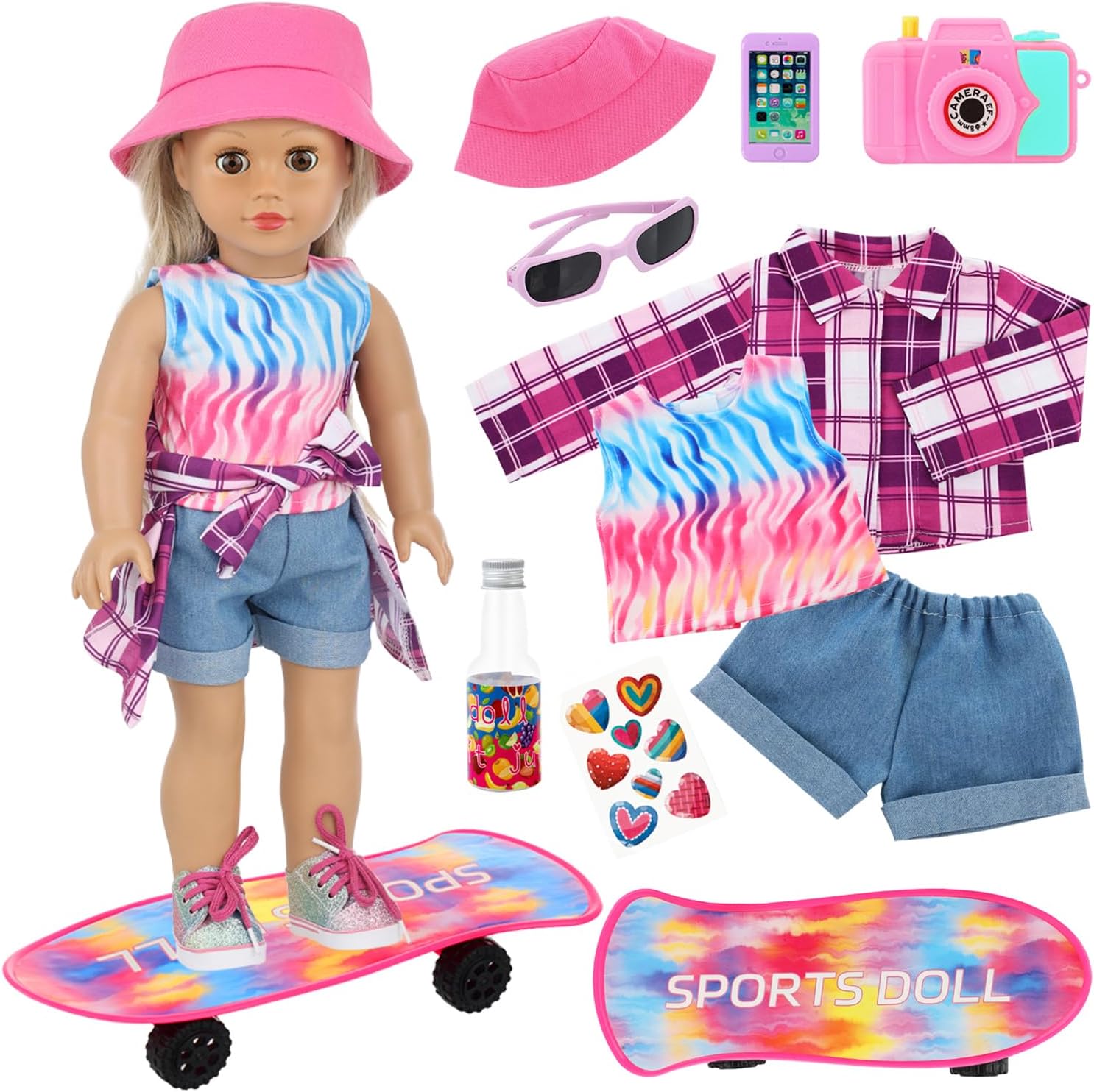American 18 Inch Doll Skateboard Accessories and Clothes Set for 18" Dolls Include Fisherman's Hat Outfits Sunglasses Camera（Random） Skateboard Bottle Sticker (No Doll and Shoes)