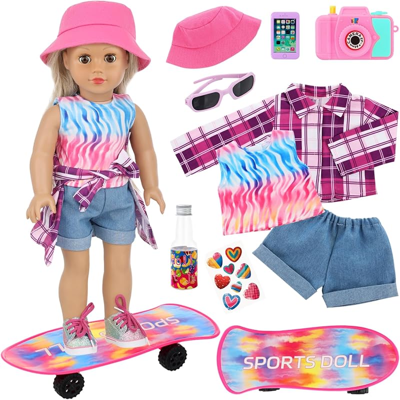 UNICORN ELEMENT 18 Inch Girl Doll Skateboard Accessories Complete Clothes | Sports Outfits; Include Fisherman's Hat, Sunglasses, Camera（Random) , Skateboard Bottle Sticker; No Doll & Shoes