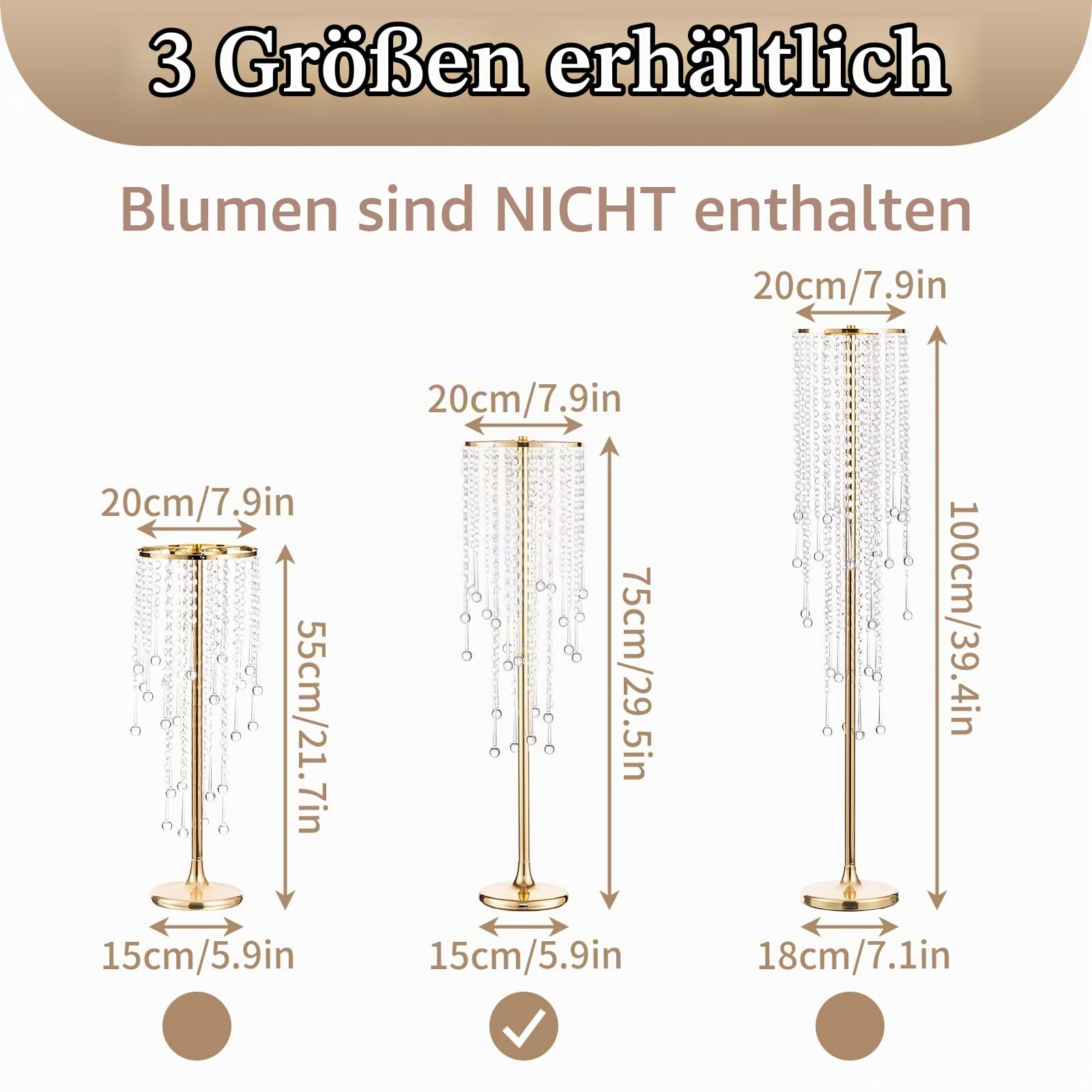 Sziqiqi 75cm Metall Goldene Vasen mit Kristall Kette Hochzeits Tisch – 2 Stück Hoch Vase Blumensäulenständer für Blumenarrangements, Große Blumenvasen für Hochzeitsfeiern Straßenführungen