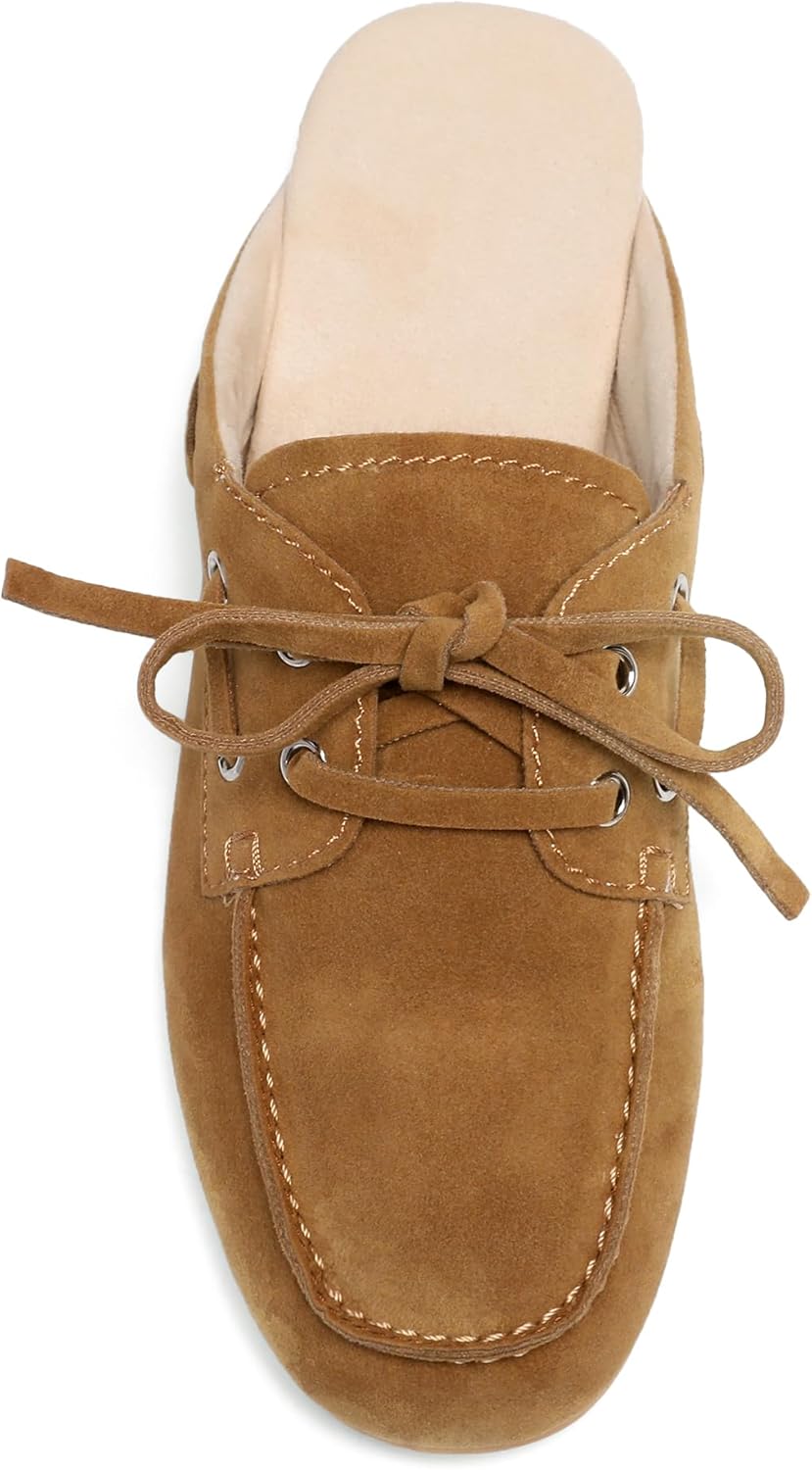 Black Suede Mules for Women Bow Lace up Slip-on Flat Loafers Comfortable Round Toe Casual Boat Slippers Shoes - Image 5