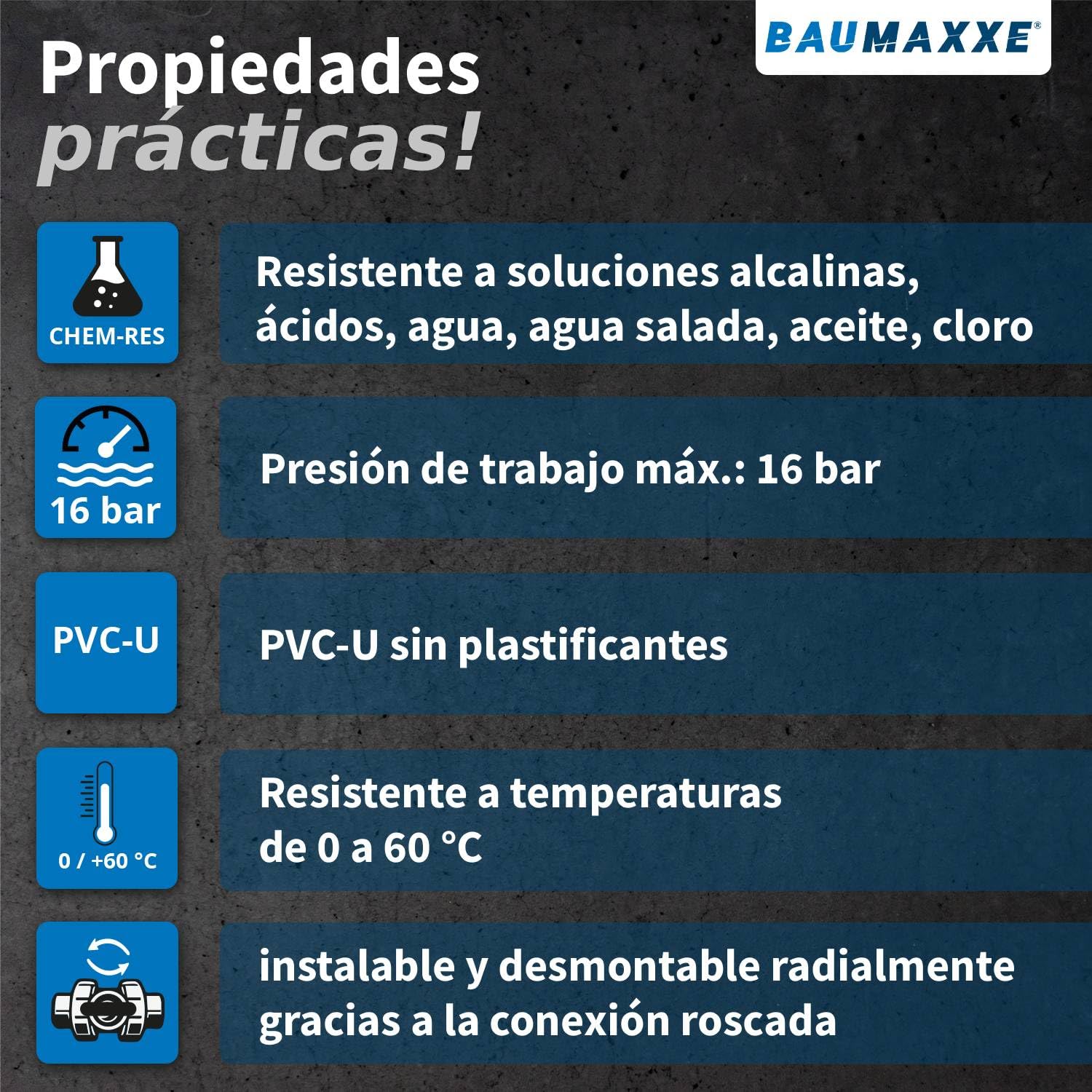Válvula de bola PVC 50 mm I Doble unión desmontable radialmente I PN16 PVC-U con juntas EPDM I Corte de paso 2 vías para piscina riego drenaje I bm001