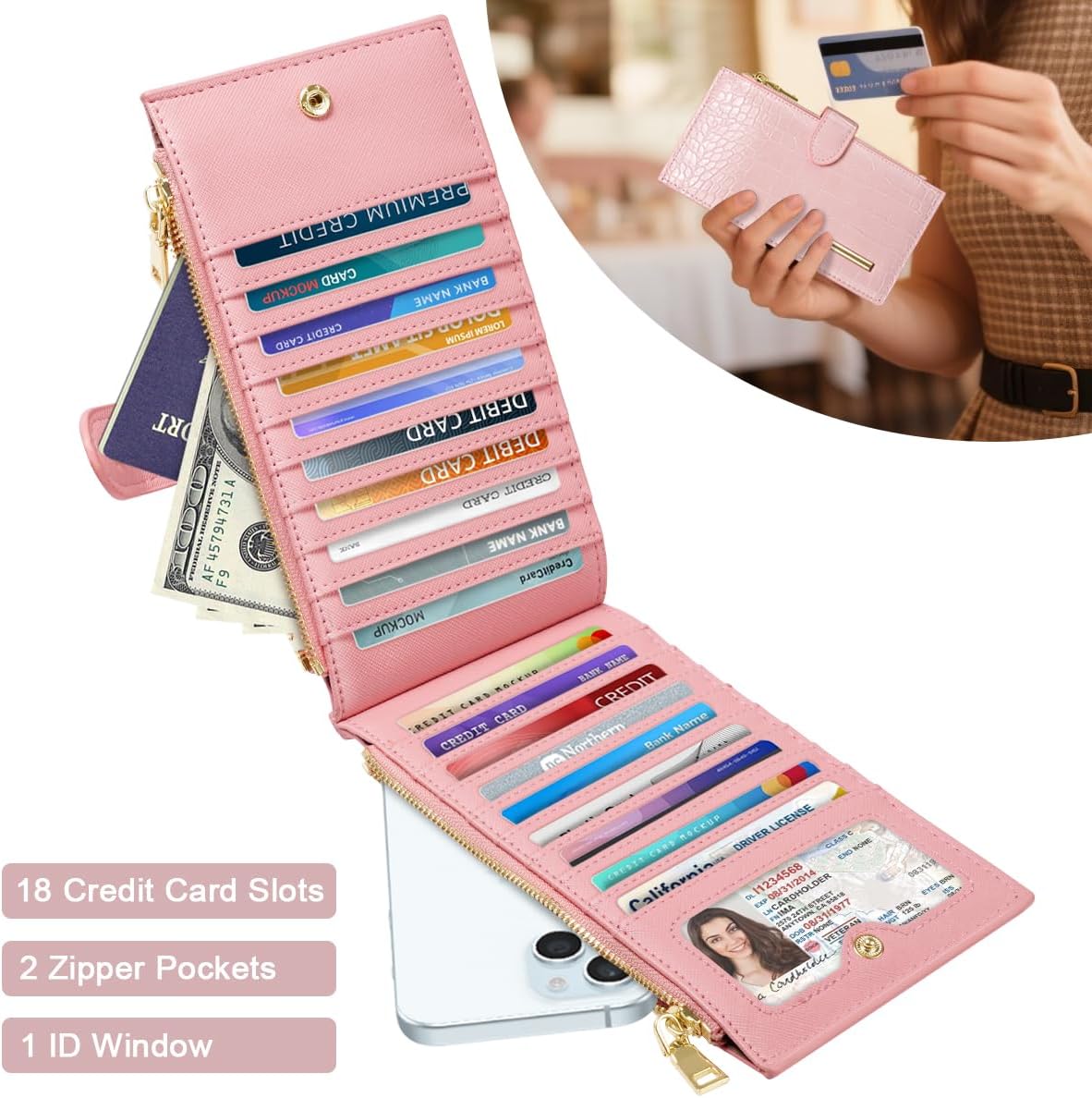 Women Wallet Large Capacity Wallets Crocodile RFID Blocking Multi Card Organizer Womens Billfold Long Purse Credit Cards Holder with Double Zipper,Pink