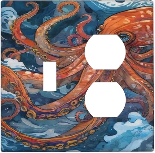 Miniatura 136 de Cubiertas Decorativas para Interruptor de Luz de Palanca Triple Retro Rojo Pulpo Monstruo Ola Marina Azul de 3 Segmentos Cubiertas de Placa de Pared