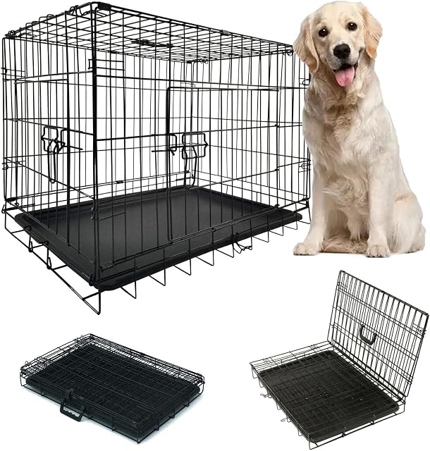 Dog Crate Medium Size Puppy Crate Large Dog Cage for Car Boot, 2 Door 2 Locks Puppy Playpen with Non-Chew Metal Removable Base Tray, Steady Handle Easy to Carry/Transport, 30-inch Black