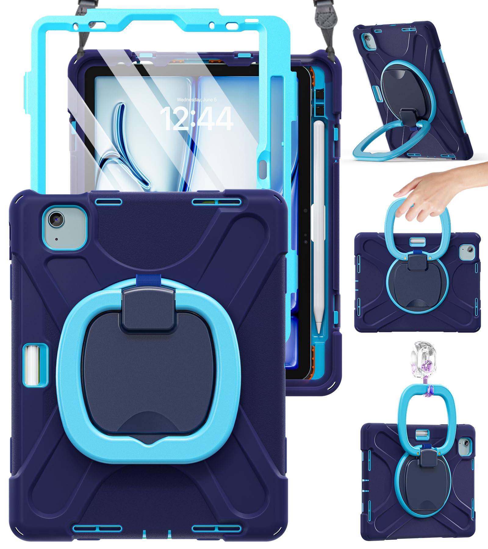 BRAECN for iPad Air 11 Inch Case, Air 5th/4th Gen & Pro 11" 4th/3rd/2nd/1st | 11"/10.9", M4/M3/M2, Rugged Protective Silicone Cover, Screen Protector, Pencil Holder, Kickstand, Shoulder Strap, Navy Blue