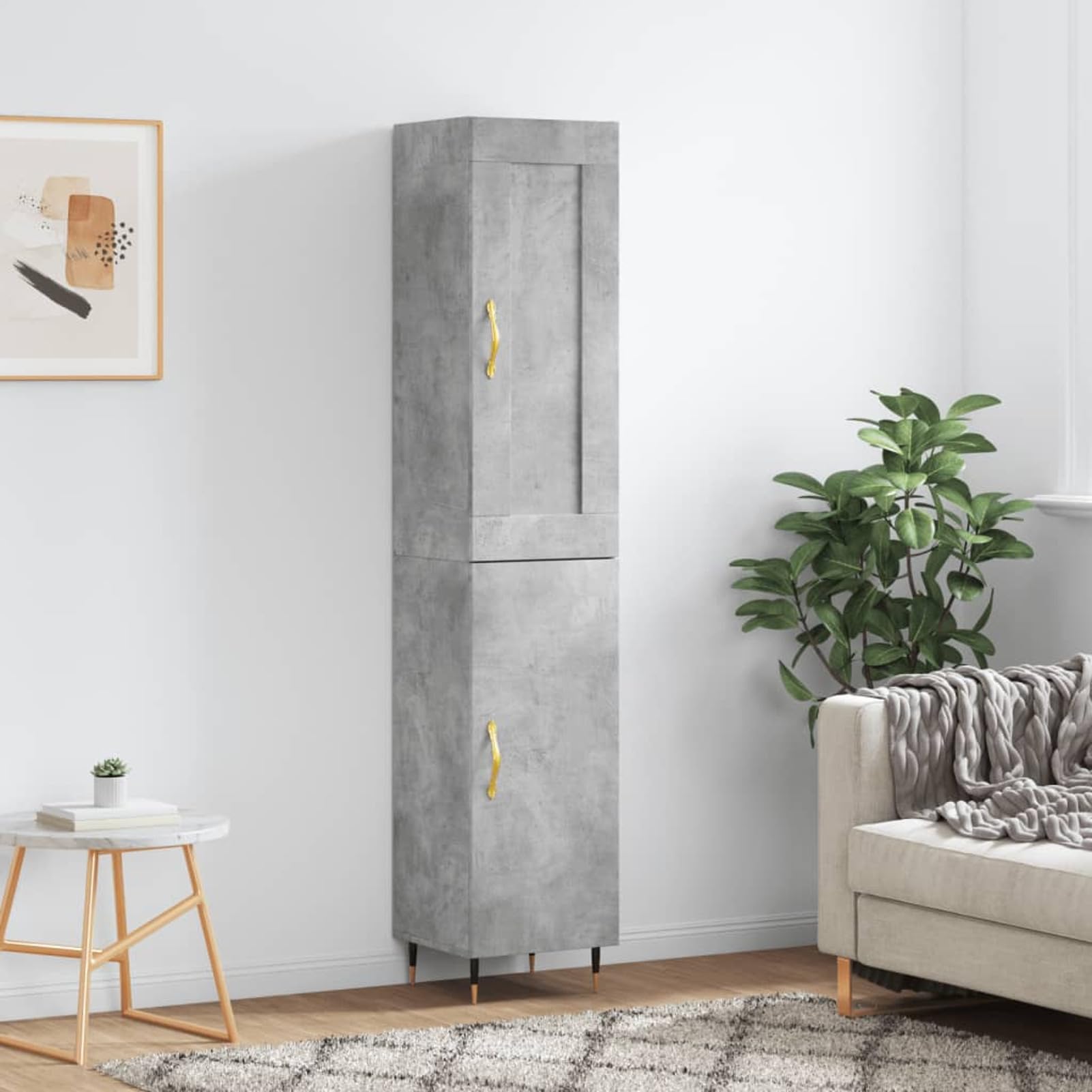 ZEYUAN Bufet wysoki szary beton 34,5x34x180 cm drewno inżynieryjne, wysoka komoda, szafka z szufladą, szuflady komody