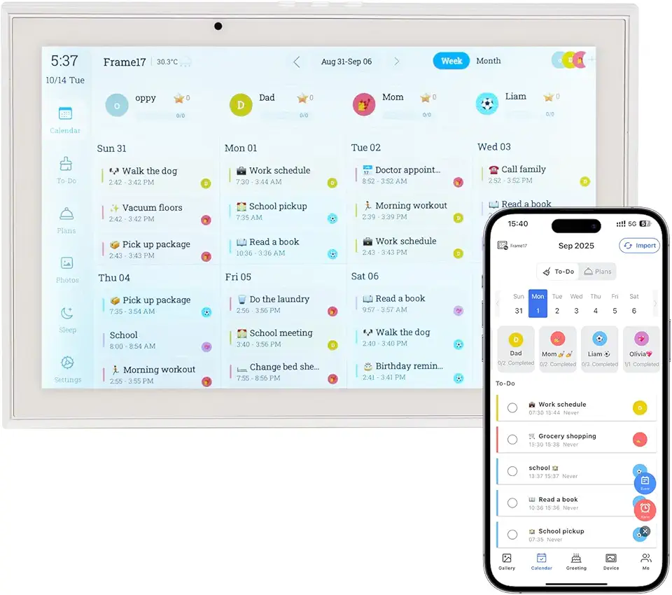 Calendário digital inteligente de 25,5 cm, agenda de refeições HD, tela sensível ao toque, agenda digital sem costura (sem bateria)