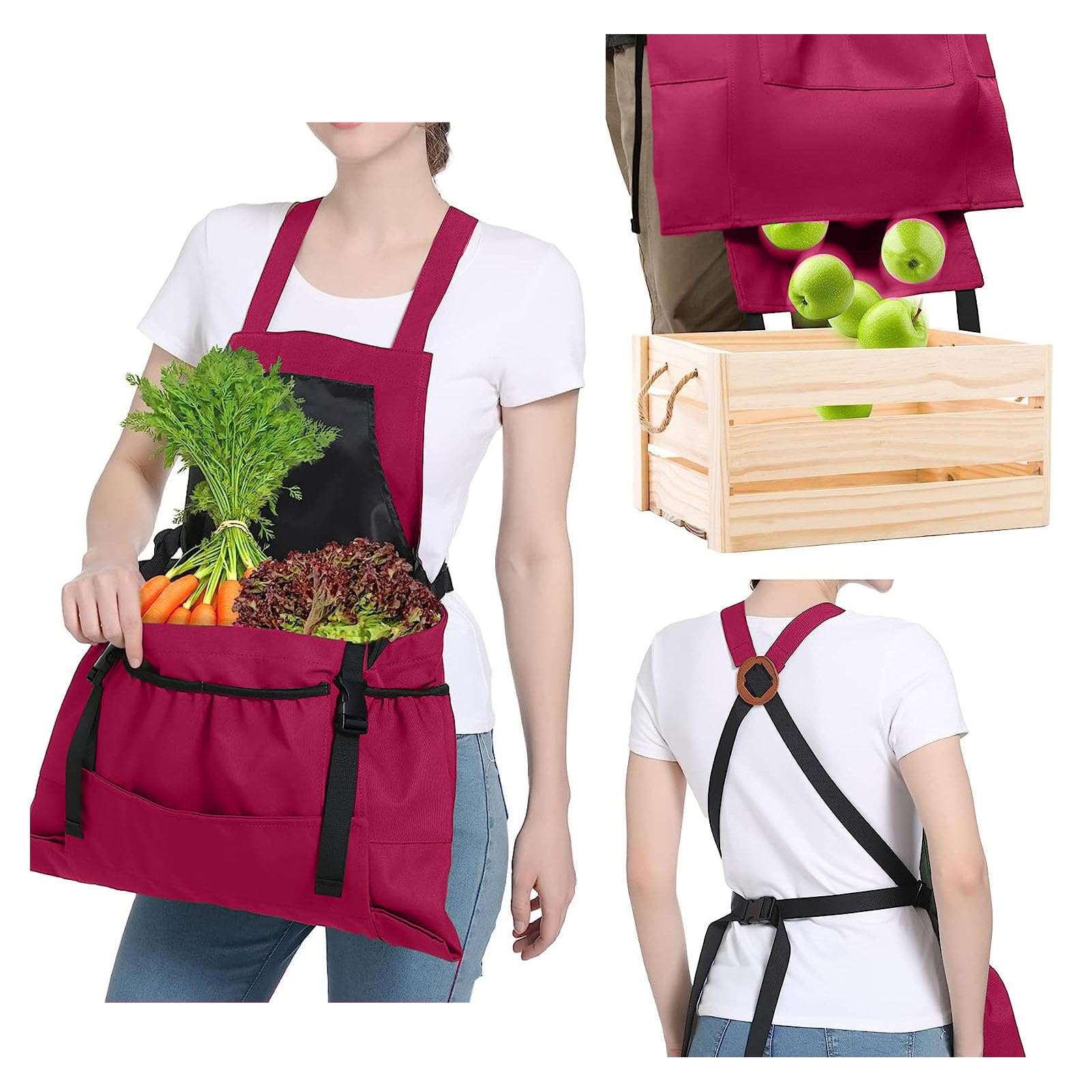 Tablier de Jardinage, Tablier de Cueillette de Fruits avec Pochette à Fermeture Rapide, Sacs de Cueillette de Légumes et de Fruits pour Hommes et Femmes, Cadeaux pour Jardiniers(Rose)