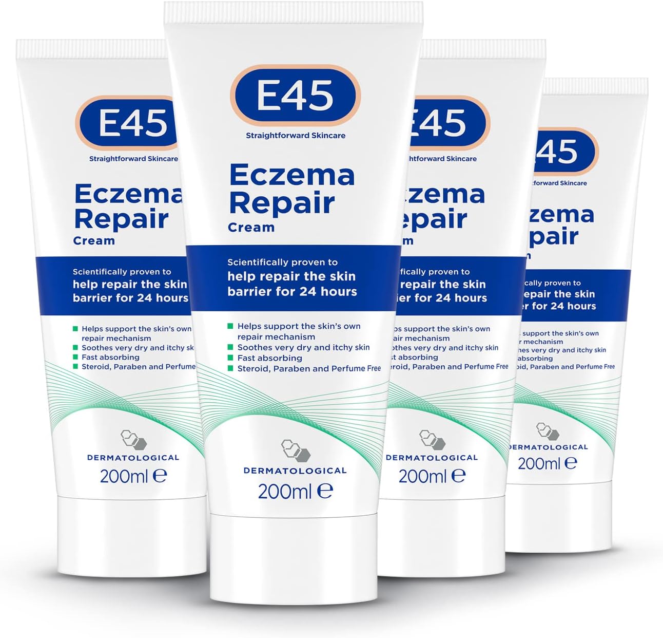 E45 Eczema Repair Cream 200 ml x4 Pack – E45 Cream to Treat Symptoms of Eczema – Soothe and Hydrate Very Dry and Itchy Skin – Emollient Cream with Omega 3 Fatty Acids - Dermatologically Tested