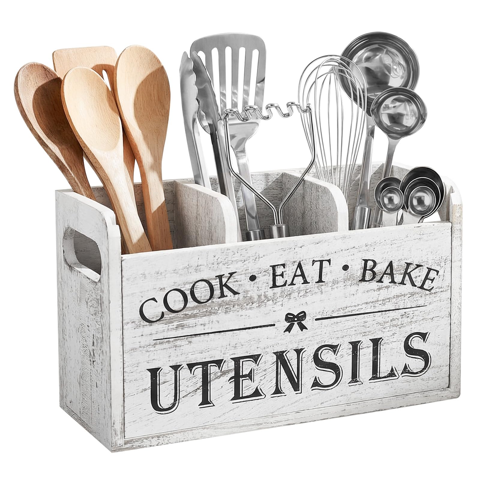 Kitchen Utensils Holder - White Utensil Holder Cooking Utensil Organizer with 3 Compartment Drainage Bottom, Wooden Cutlery Storage Holder Farmhouse Cutlery Caddy, Cooking Tools Storage for Countertop